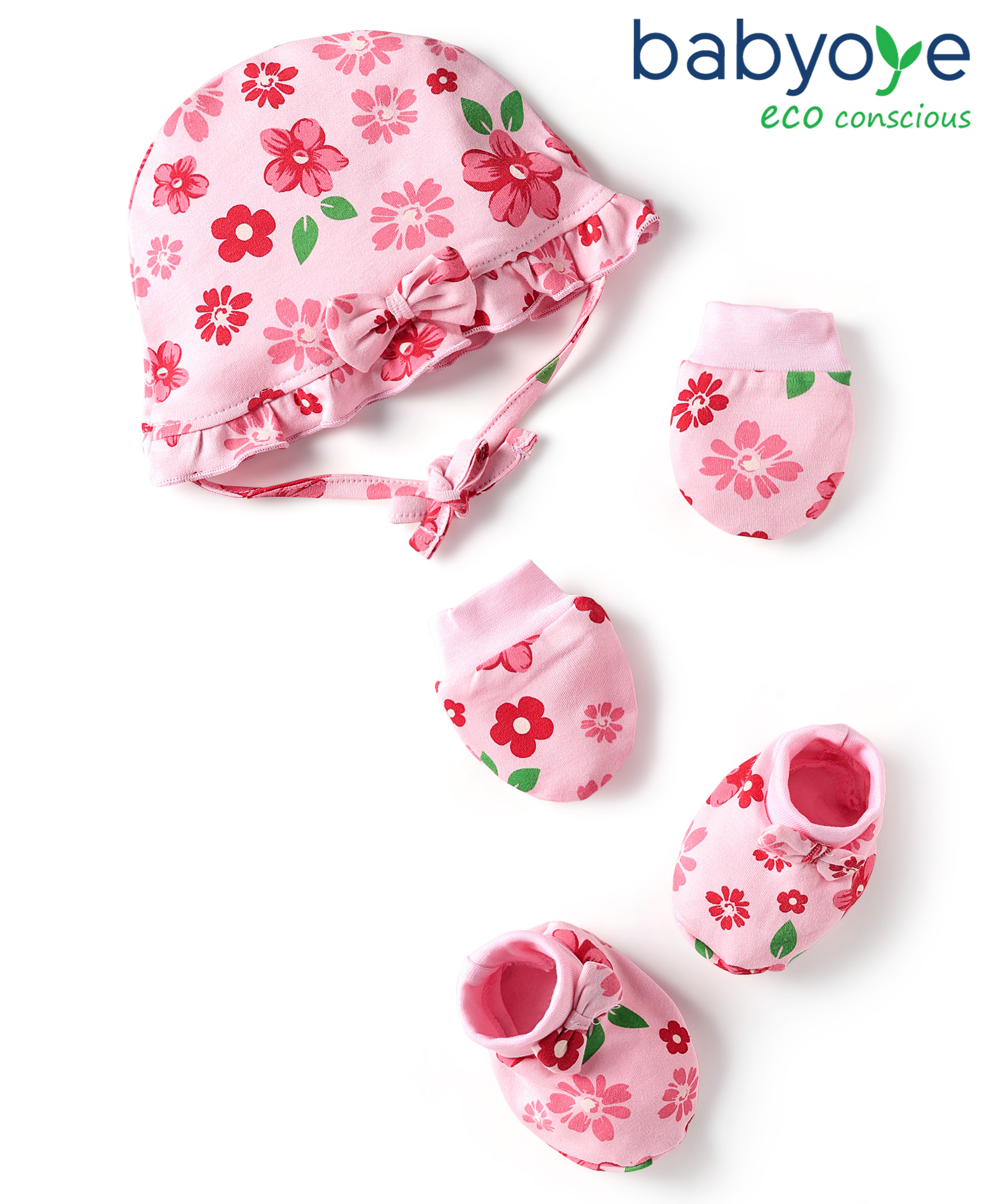 Babyoye 100% Cotton Knit with Eco Jiva Finish Cap with Knot Mittens & Booties Set with Floral Print Pink - Diameter 24 cm-image-21