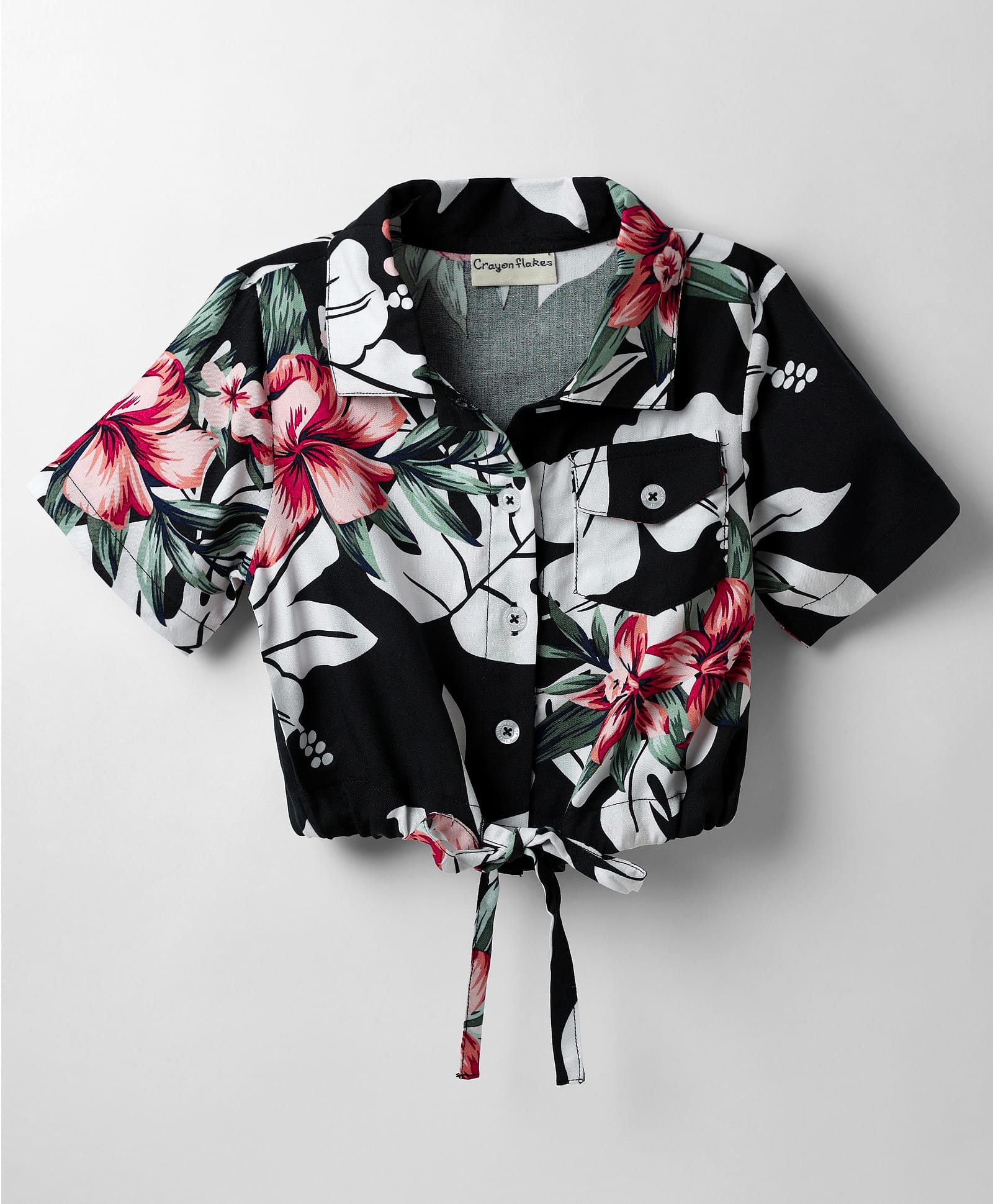 CrayonFlakes Rayon Woven Half Sleeves Floral Printed Shirt Style Crop Top - Black-picture-29