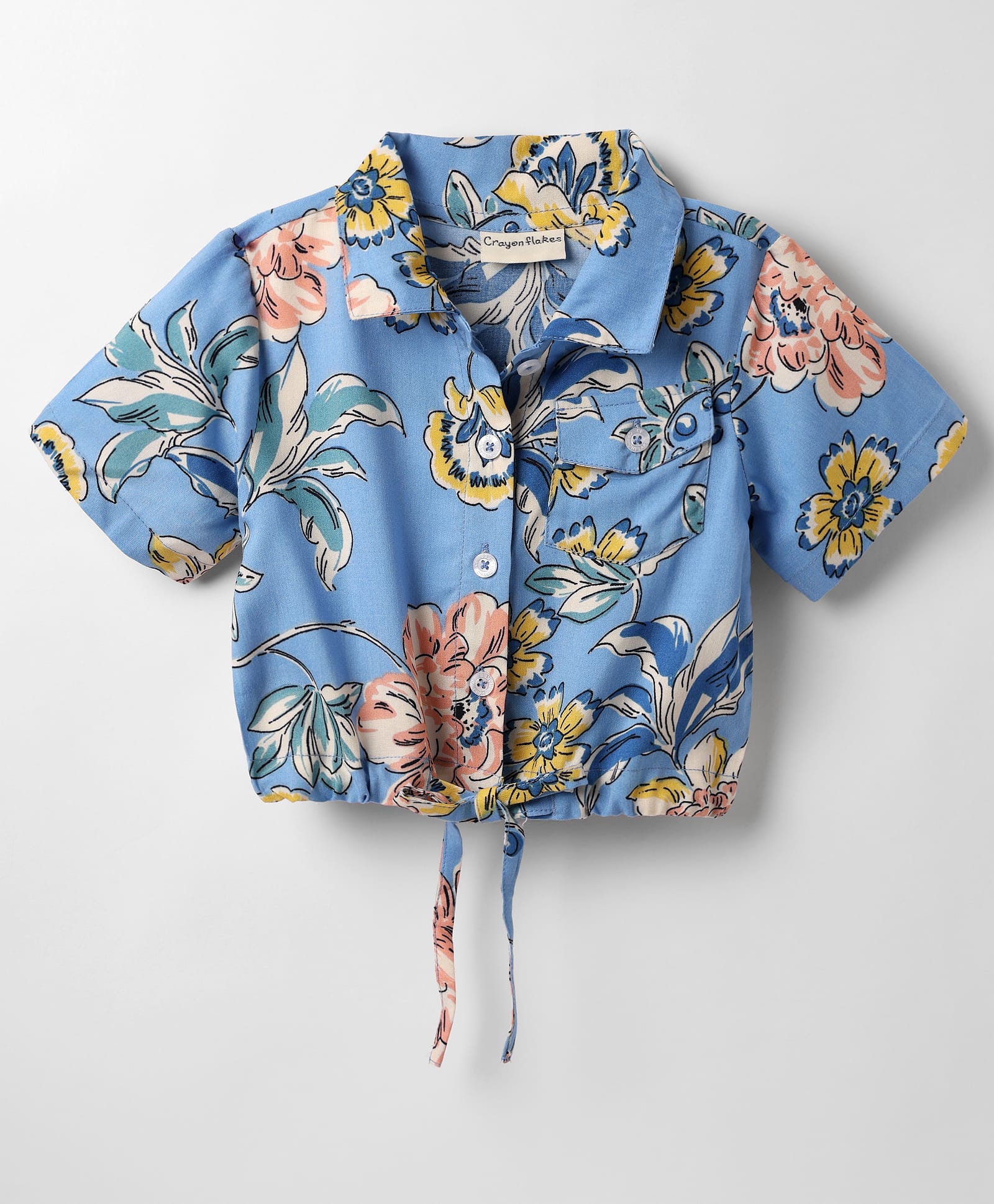 CrayonFlakes Rayon Woven Half Sleeves Floral Printed Shirt Style Crop Top - Blue-picture-47