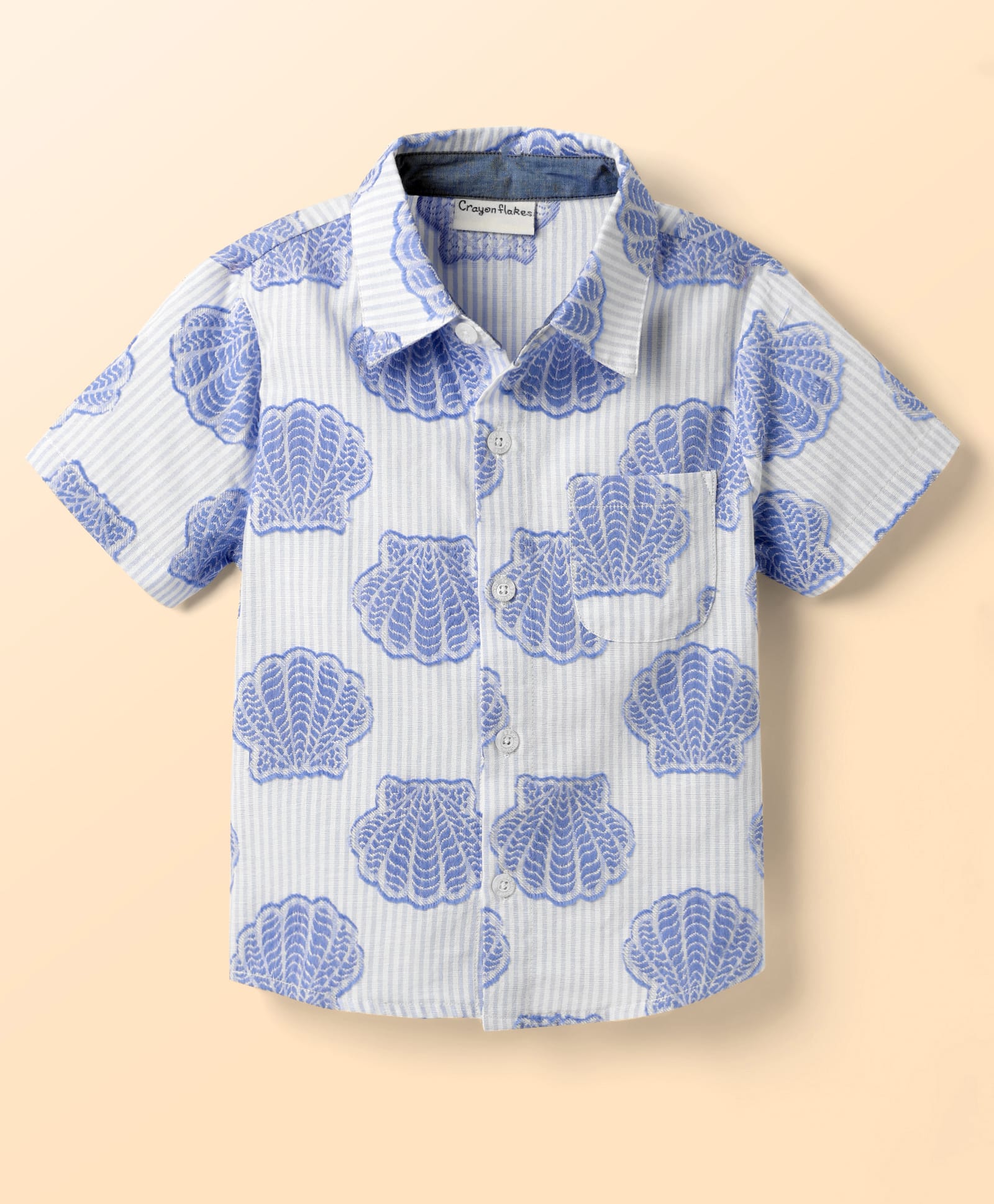 CrayonFlakes Cotton Woven Half Sleeves Striped & Oysters Embroidered Shirt - Blue-picture-17