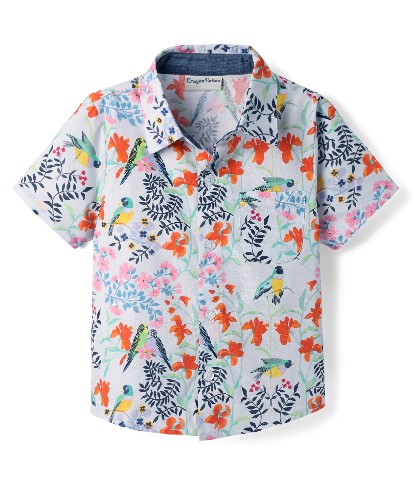CrayonFlakes Cotton Woven Half Sleeves Floral & Birds Printed Shirt - Blue-picture-13