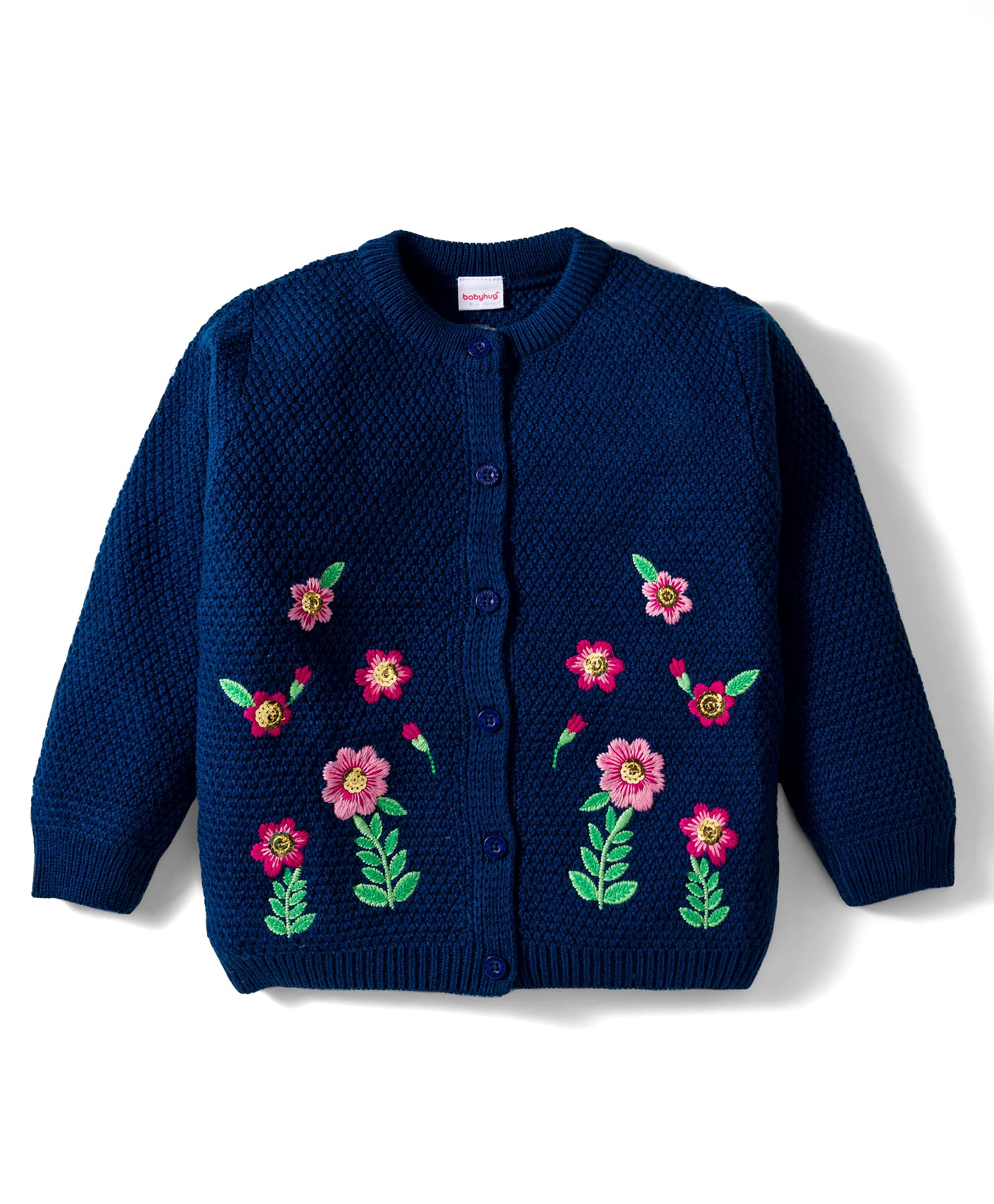 Babyhug Knit Full Sleeves Front Open Sweater with Floral Embroidery - Navy Blue-picture-27