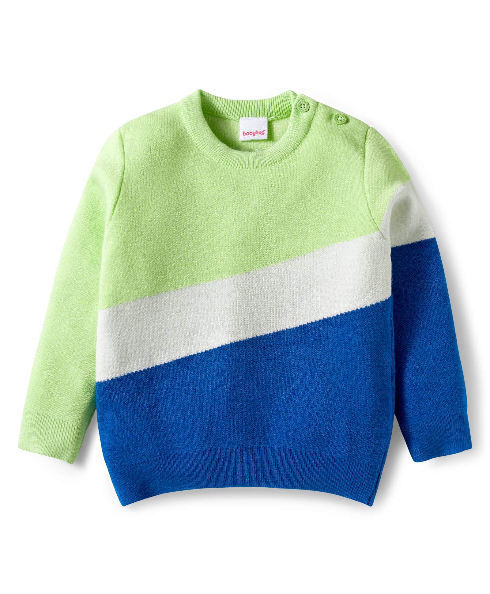 Babyhug Knitted Full Sleeves Pullover Sweater With Color Block Design - Blue Green & White-image-24