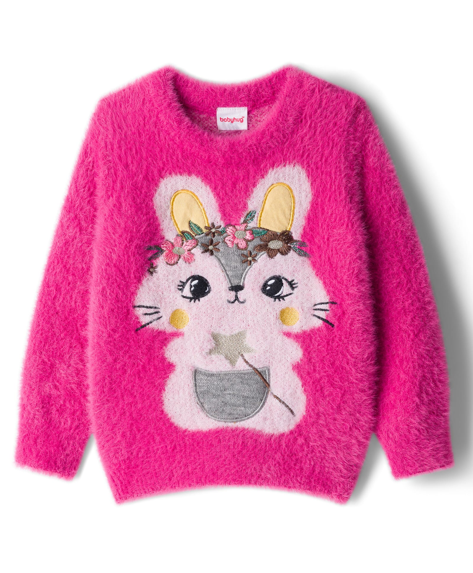 Babyhug Knit Full Sleeves Pullover Sweater with Bunny Embroidery - Pink-image-13