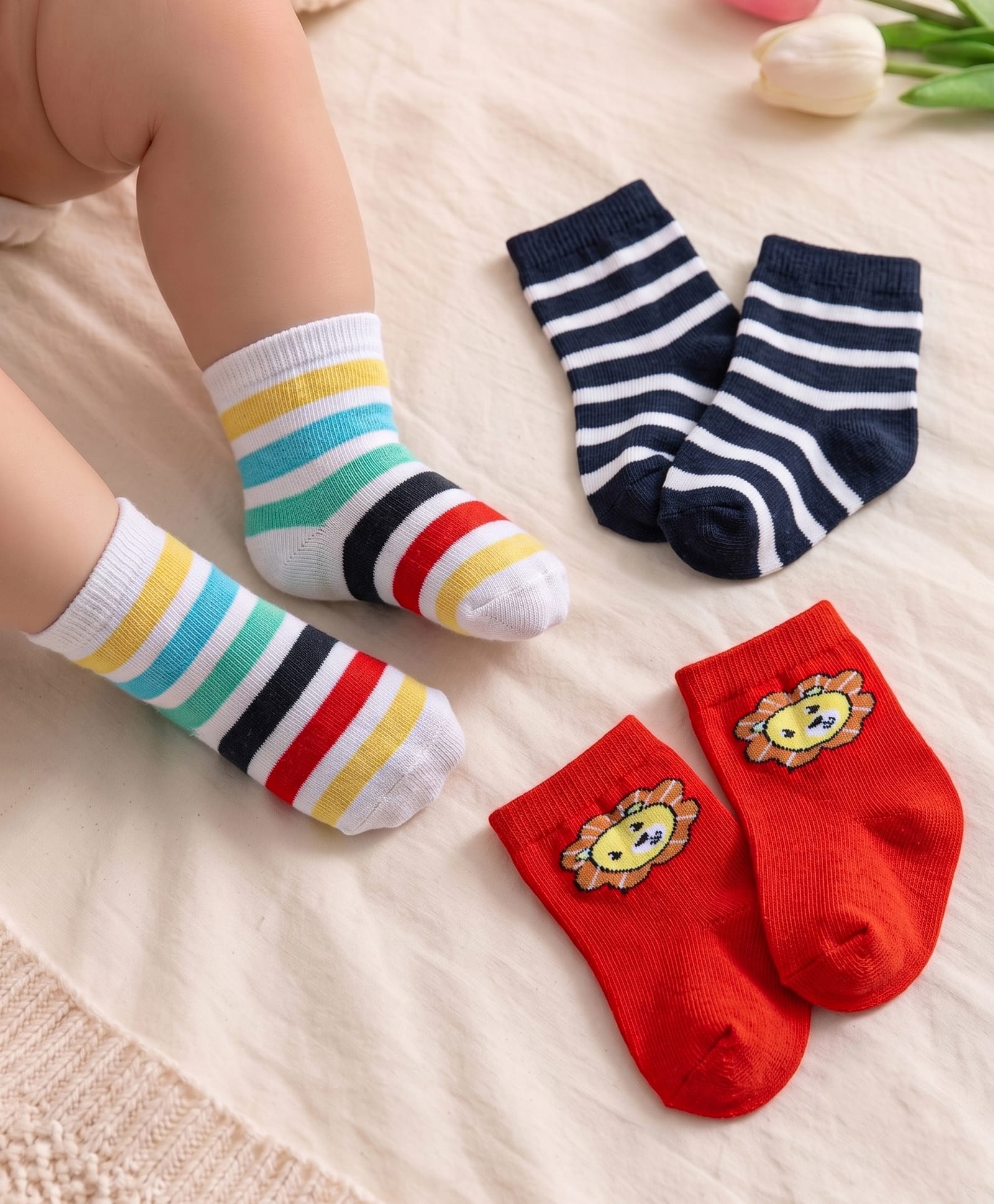 Cute Walk by Babyhug Knit Ankle Length Antibacterial Socks with Lion & Stripe Design Pack Of 3 - Rust Orange & White-image-49