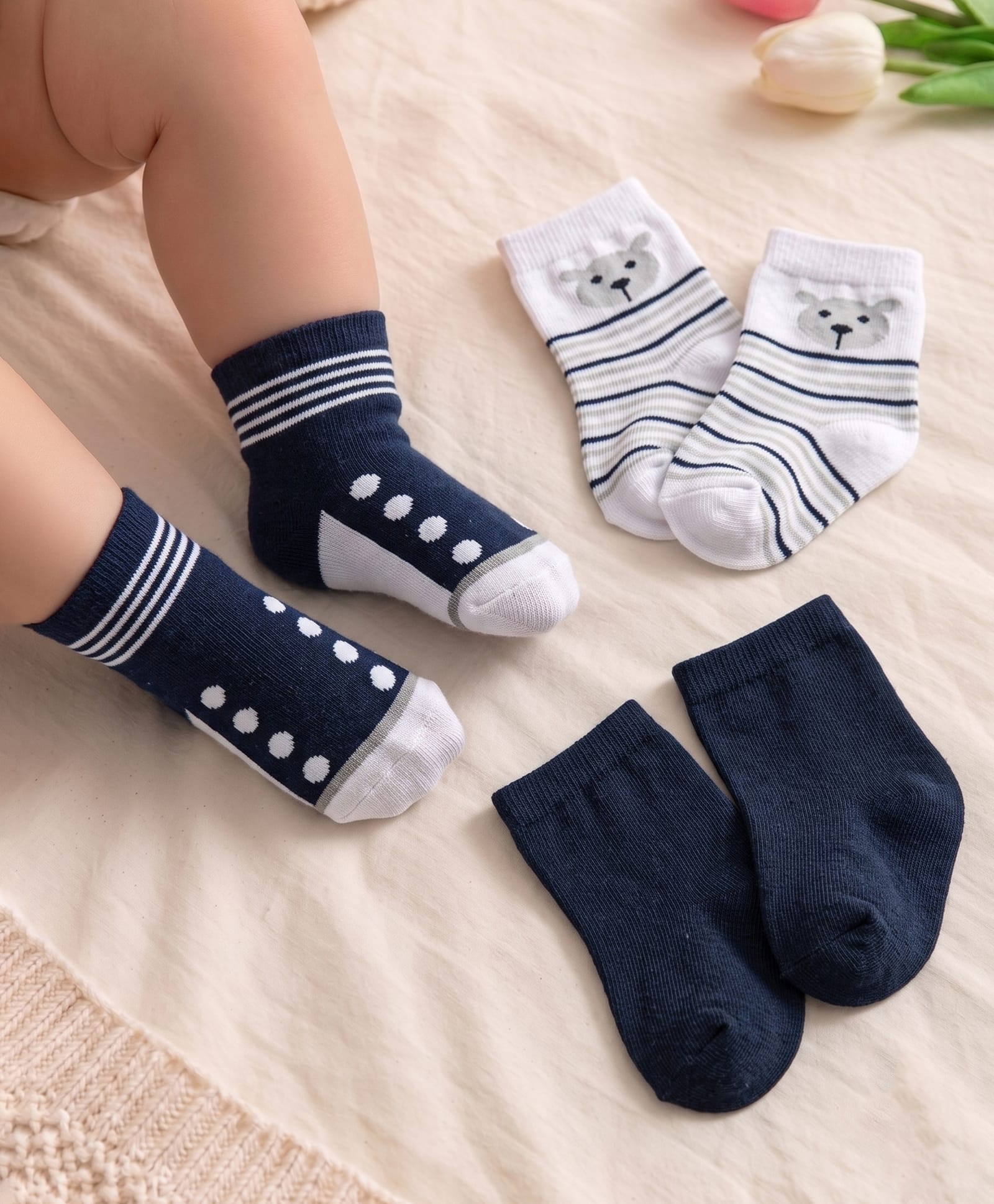 Cute Walk by Babyhug Knit Ankle Length Antibacterial Socks with Stripes & Animal Design Pack Of 3 - Black & White-image-49