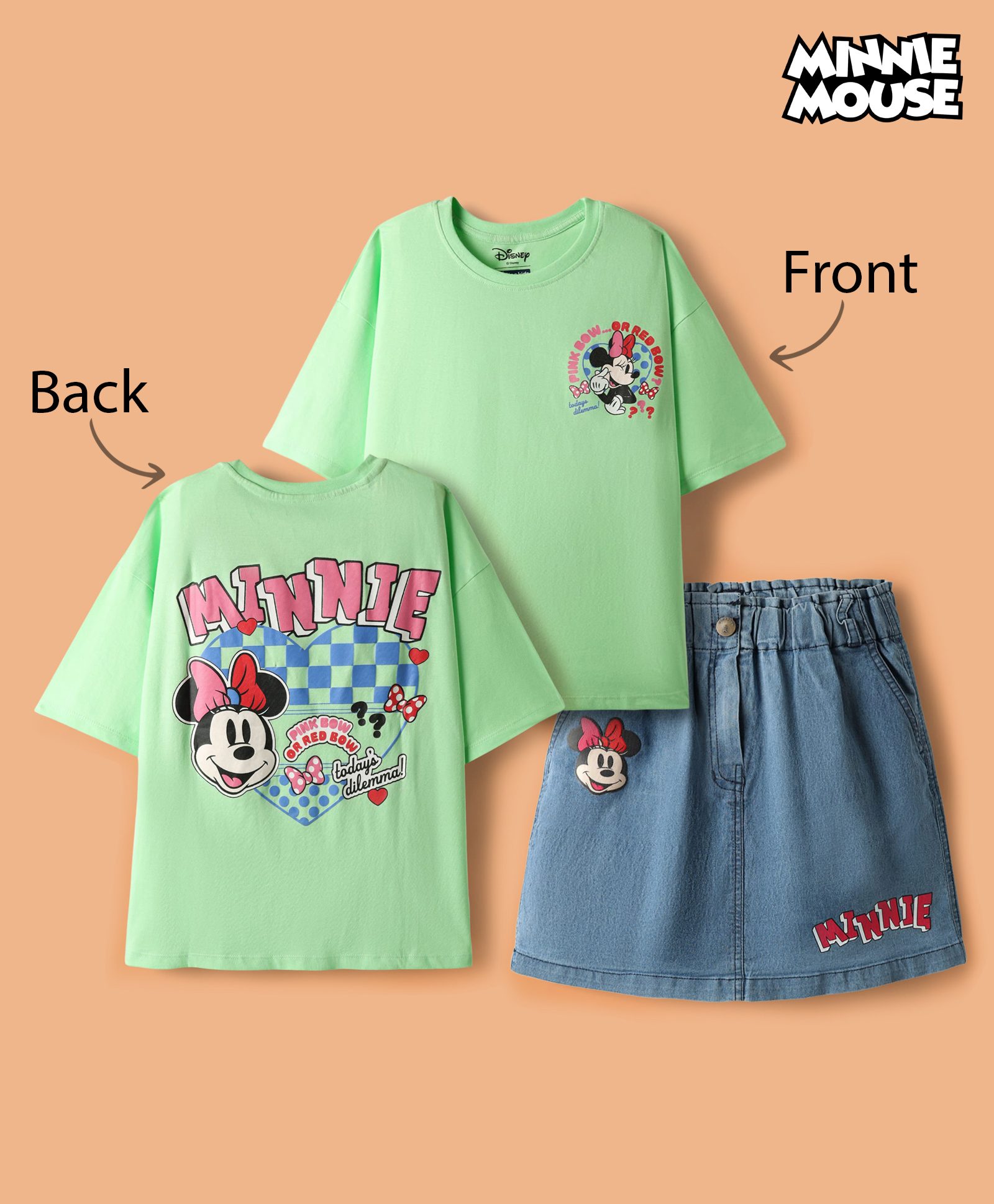 Pine Kids Disney Single Jersey Knit Drop Shoulder Half Sleeves Oversized T-Shirt & Skirt Set with Front & Back Minnie Mouse Graphics - Light Green & Blue-picture-34