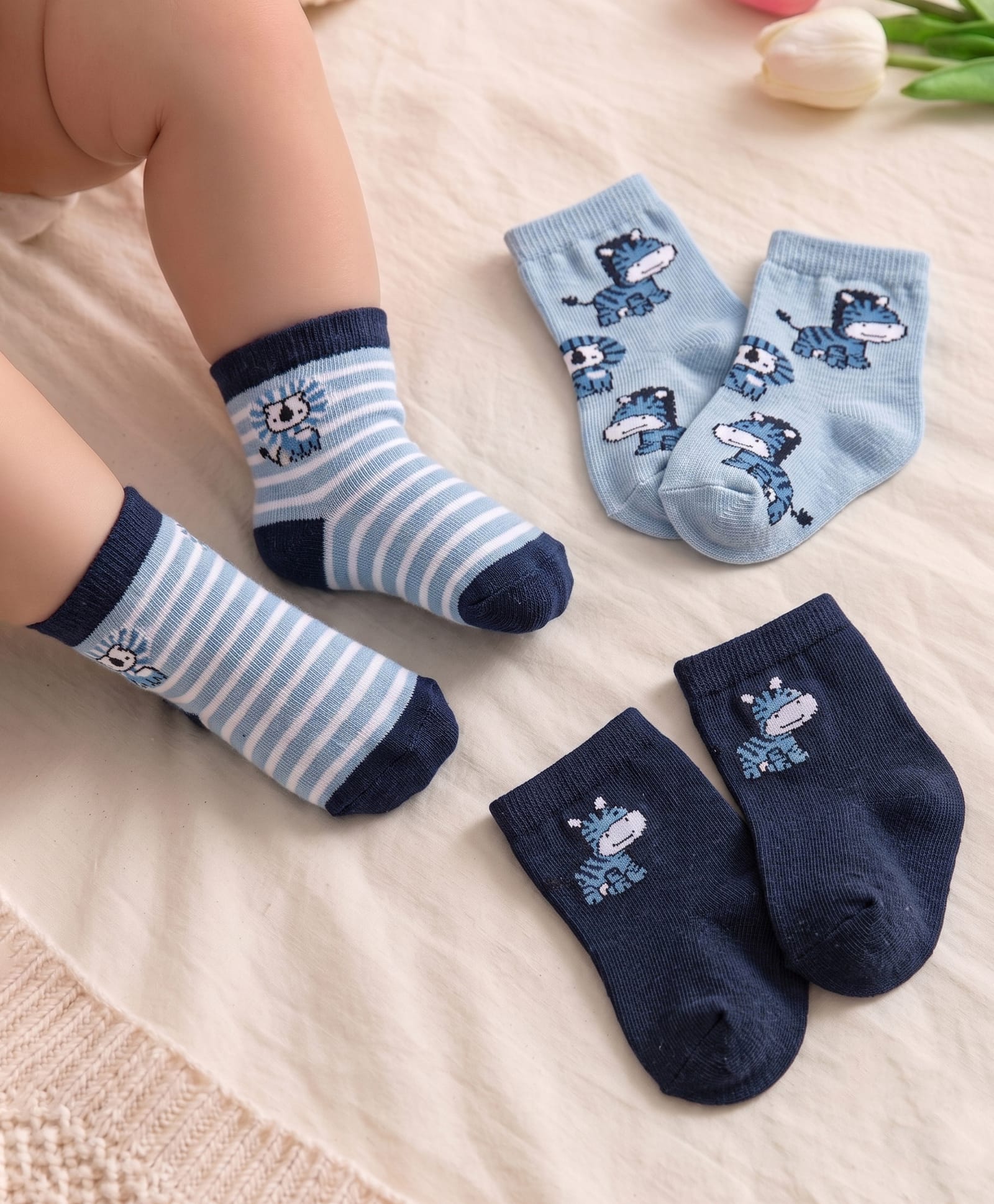 Cute Walk by Babyhug Knit Ankle Length Anti Bacterial Socks with Animal Design & Stripes Pack of 3 - Light & Navy Blue-image-39