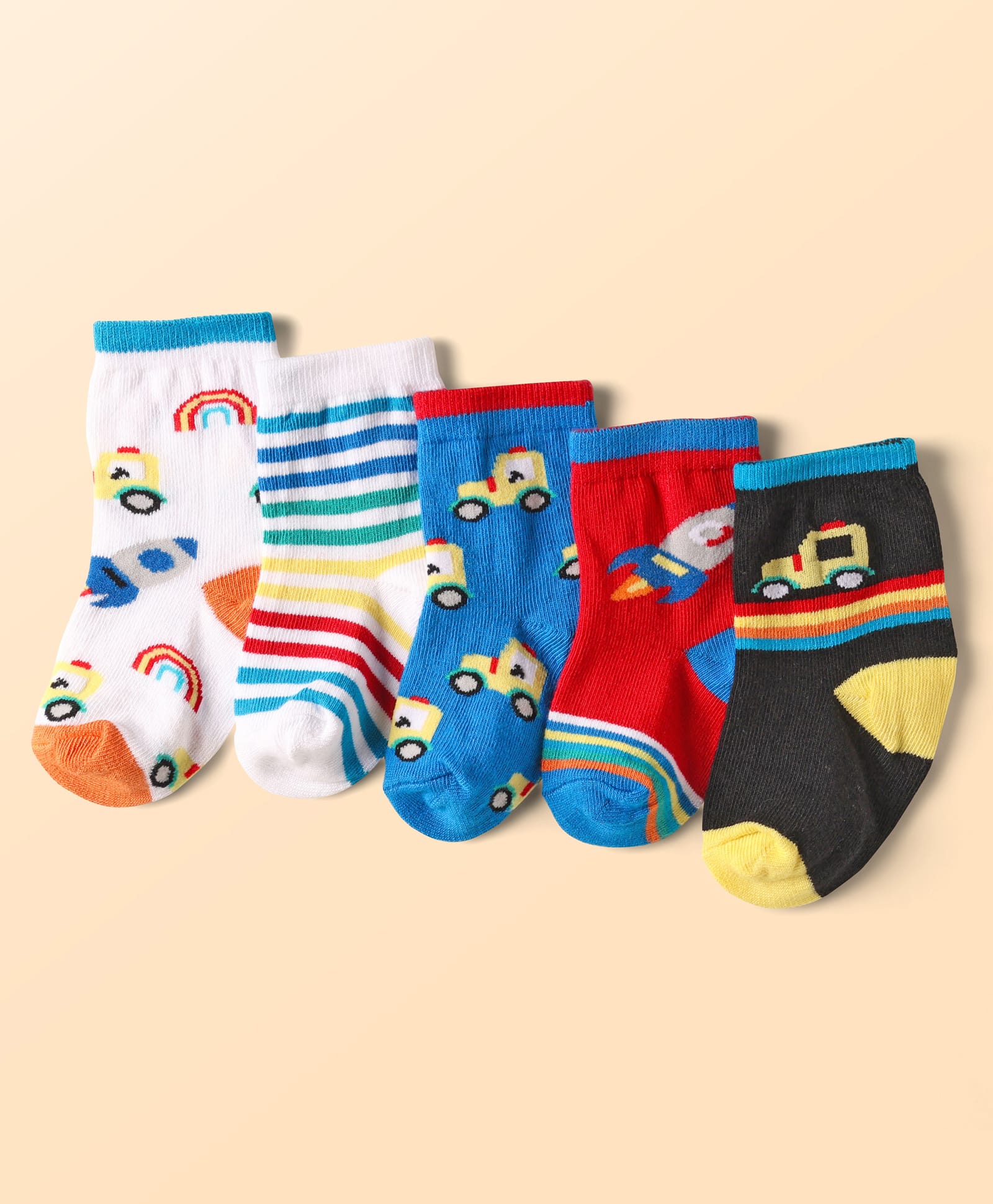 Cute Walk By Babyhug Ankle Length Anti Bacterial Socks With Car & Rocket Design Pack of 5 - Multicolor-image-16