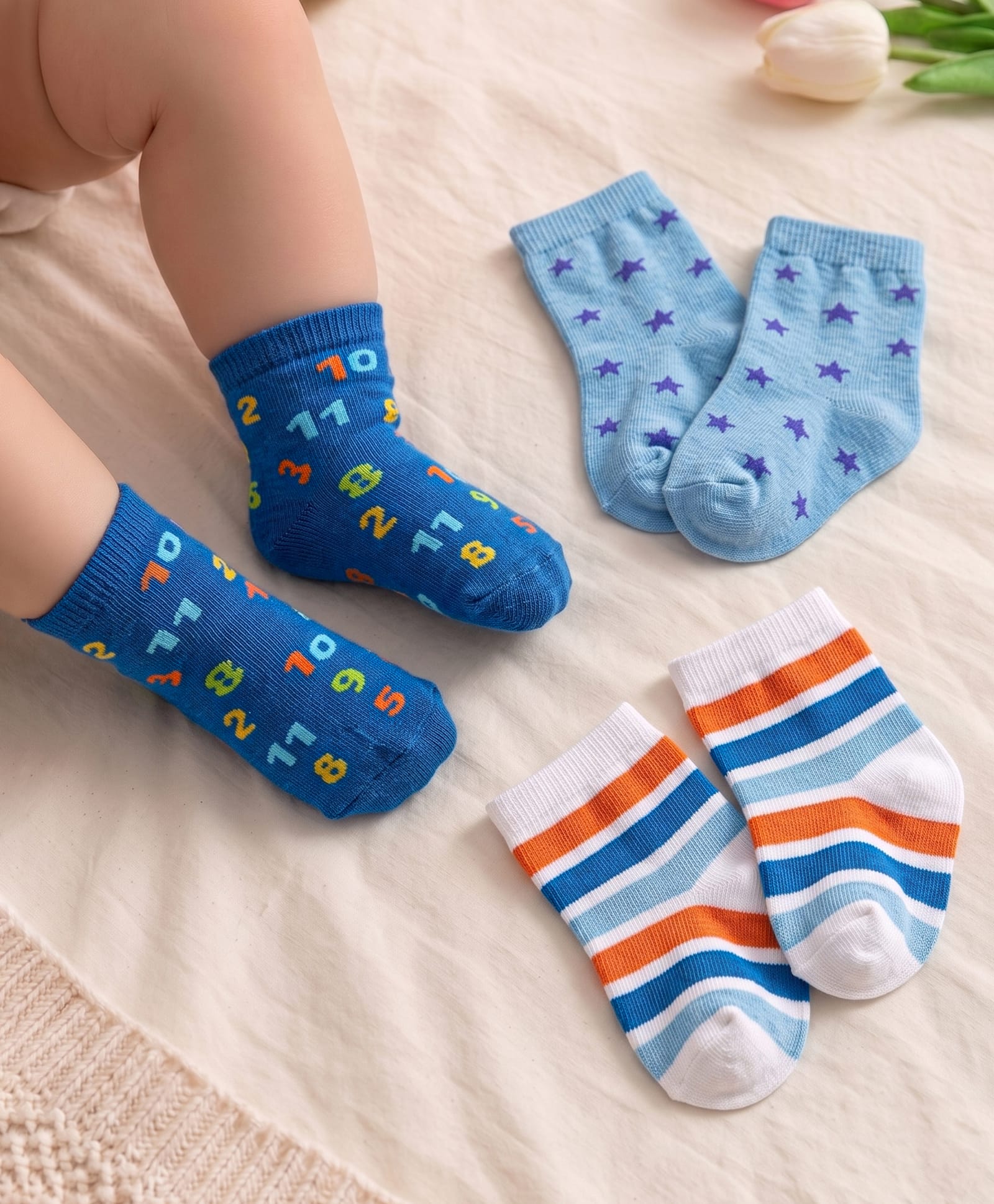 Cute Walk By Babyhug Knit Ankle Length Anti Bacterial Socks With Stripes & Star Design Pack of 3 - White & Blue-image-35
