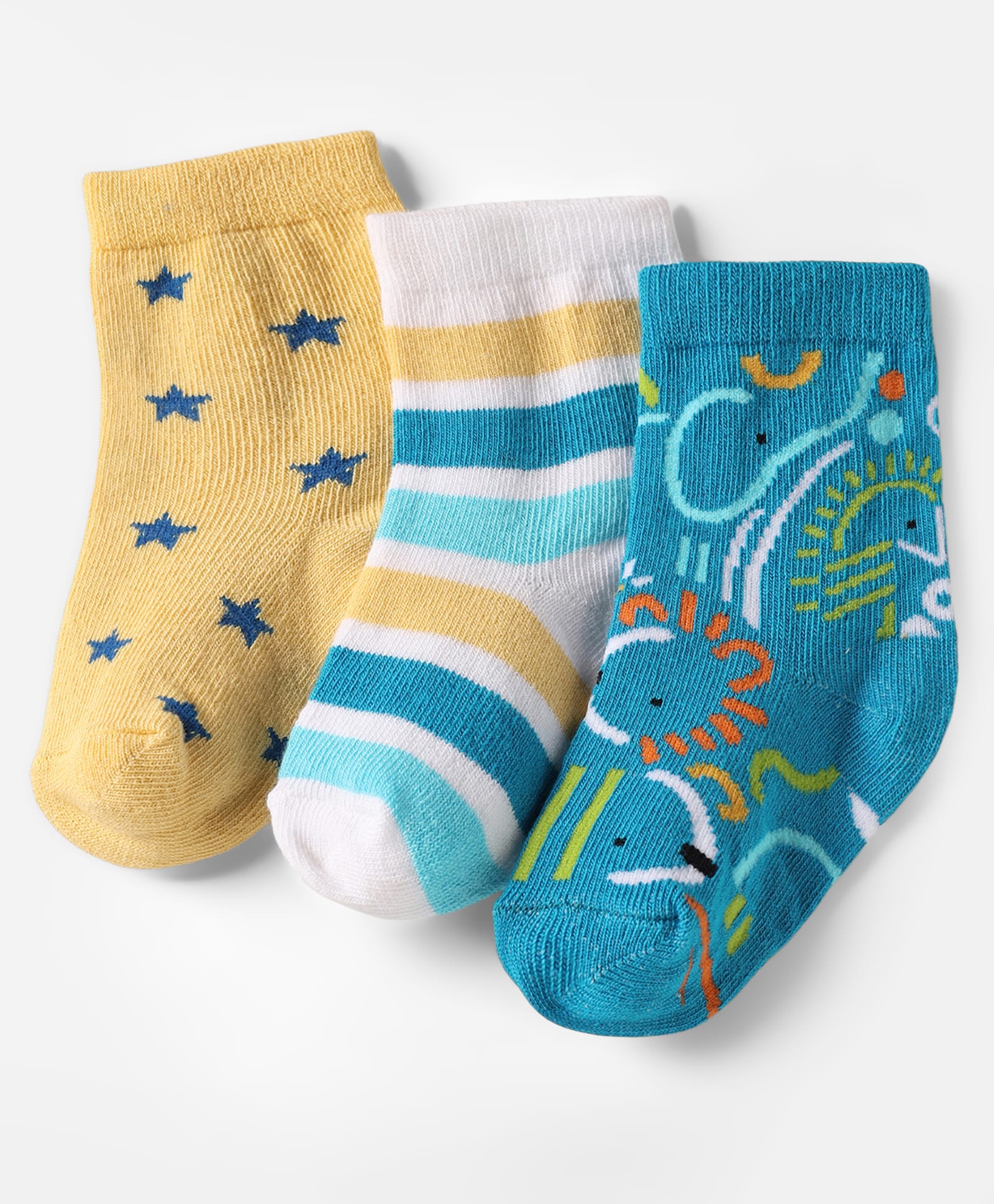 Cute Walk By Babyhug Knit Ankle Length Anti Bacterial Socks With Stripes & Animal Design Pack of 3 - Blue White & Yellow-picture-12