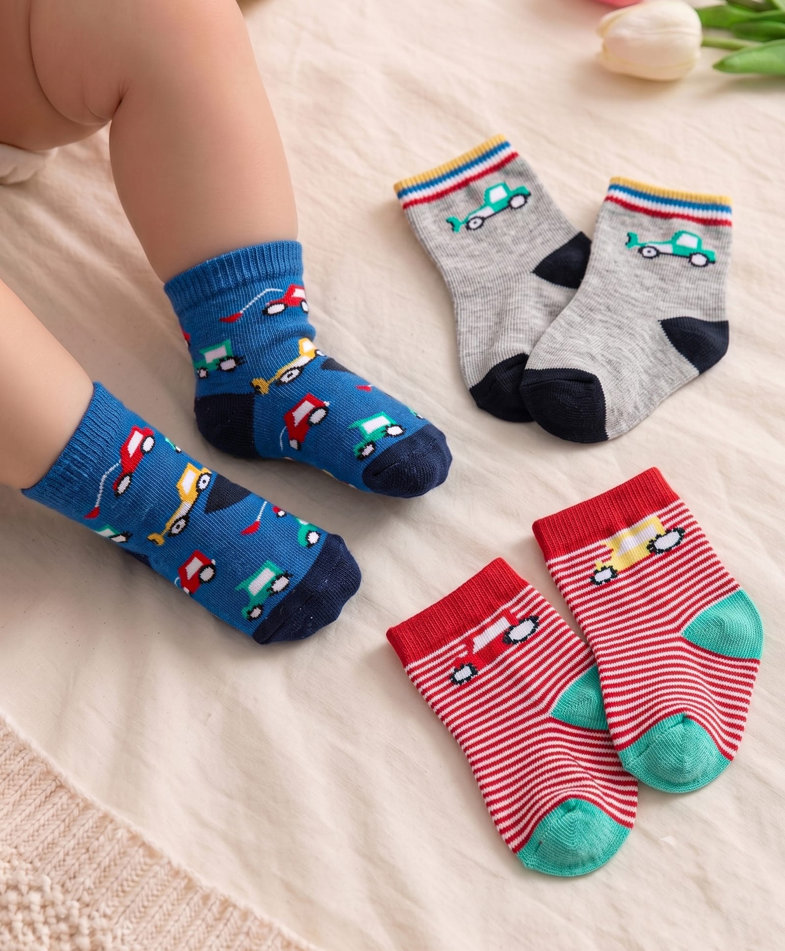 Cute Walk By Babyhug Knit Ankle Length Anti Bacterial Socks With Stripes & Vehicle Design Pack of 3 - Red Grey & Blue-image-32