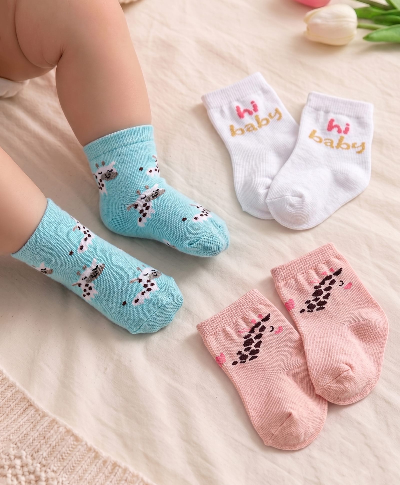Cute Walk by Babyhug Knit Ankle Length Anti Bacterial Socks With Animal Design Pack of 3 - White Blue & Pink-image-44