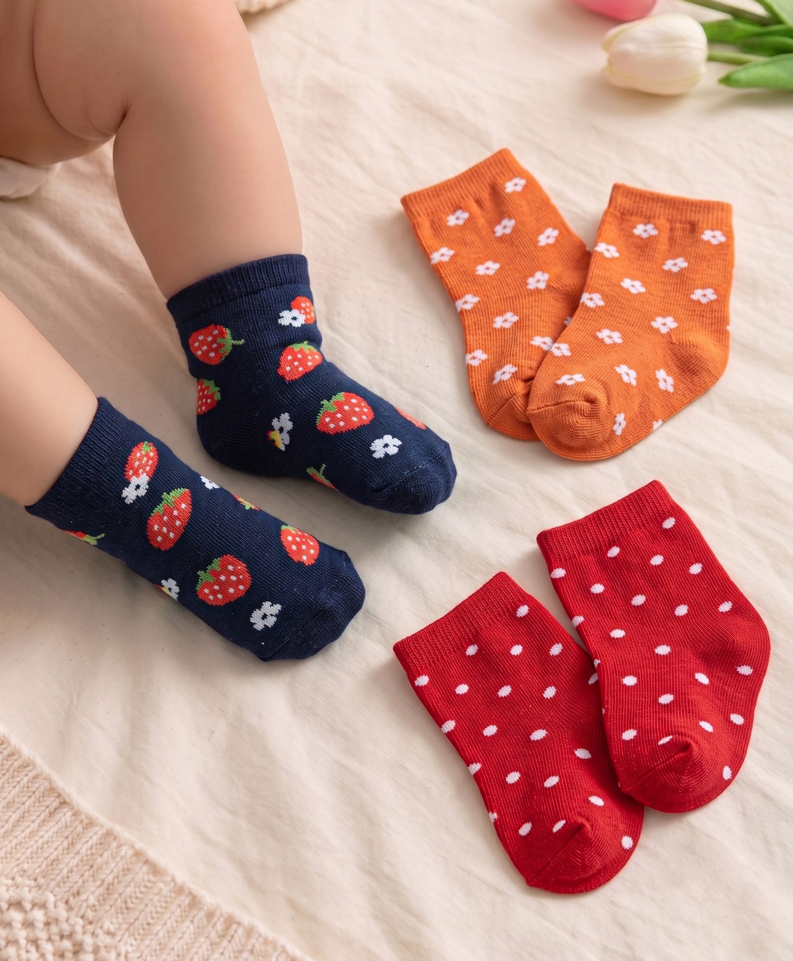 Cute Walk By Babyhug Knit Ankle Length Anti Bacterial Socks With Floral & Strawberry Design Pack of 3 - Orange Red & Black-image-30