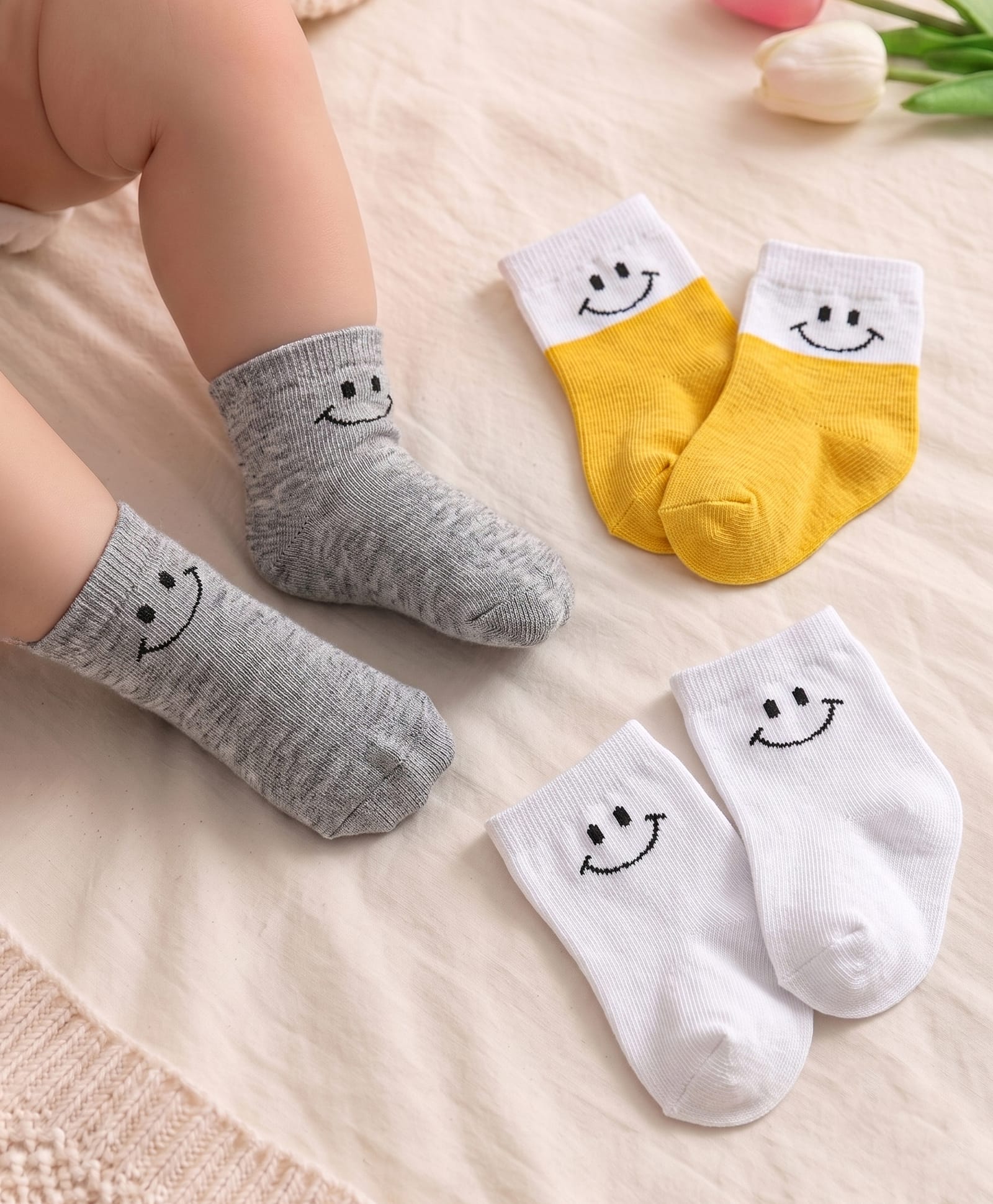 Cute Walk by Babyhug Knit Ankle Length Anti Bacterial Socks with Smiley Design Pack of 3 - Yellow White & Grey-image-48
