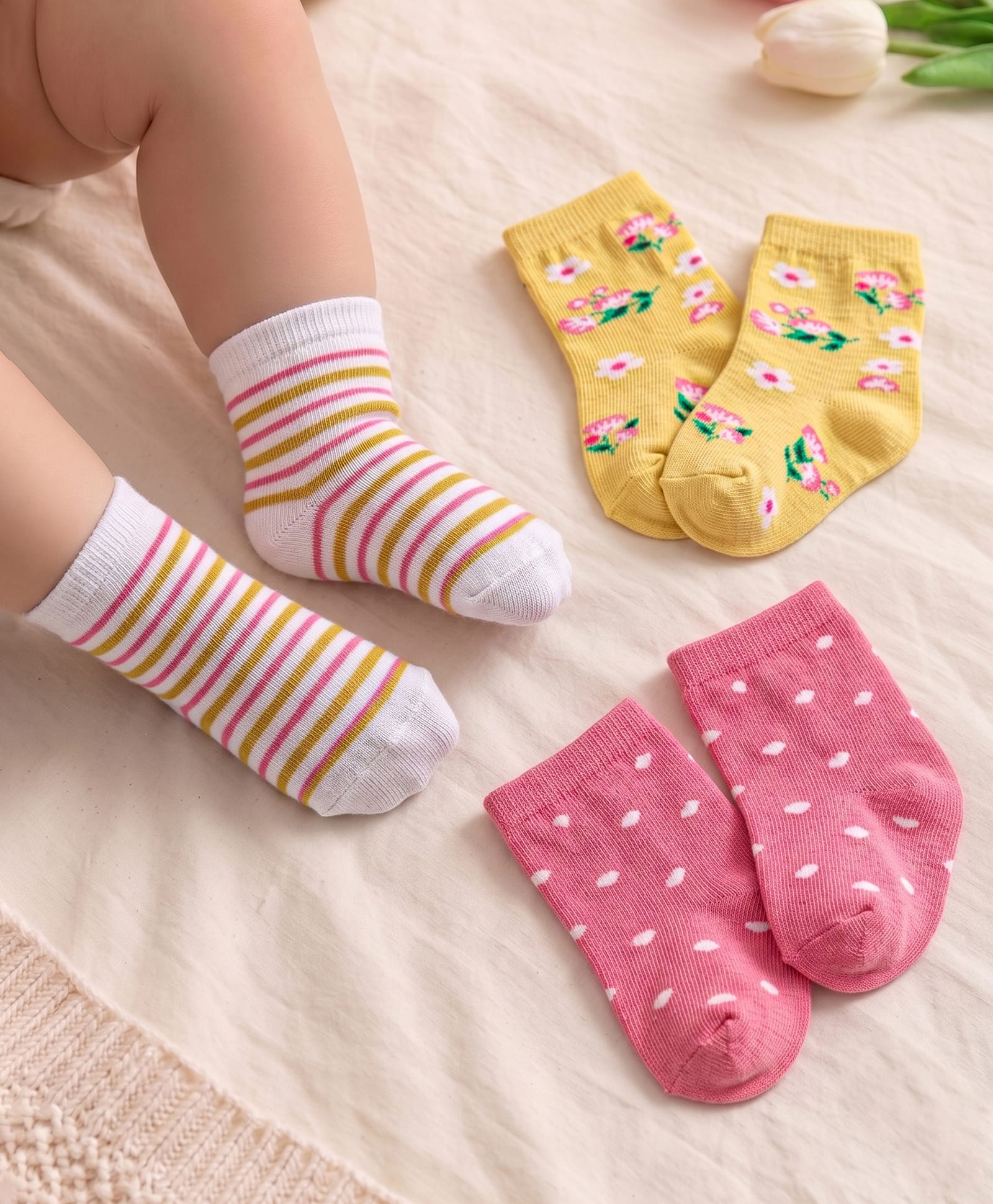 Cute Walk By Babyhug Knit Ankle Length Anti Bacterial Socks With Stripes & Floral Design Pack of 3 - Pink Yellow & White-picture-24