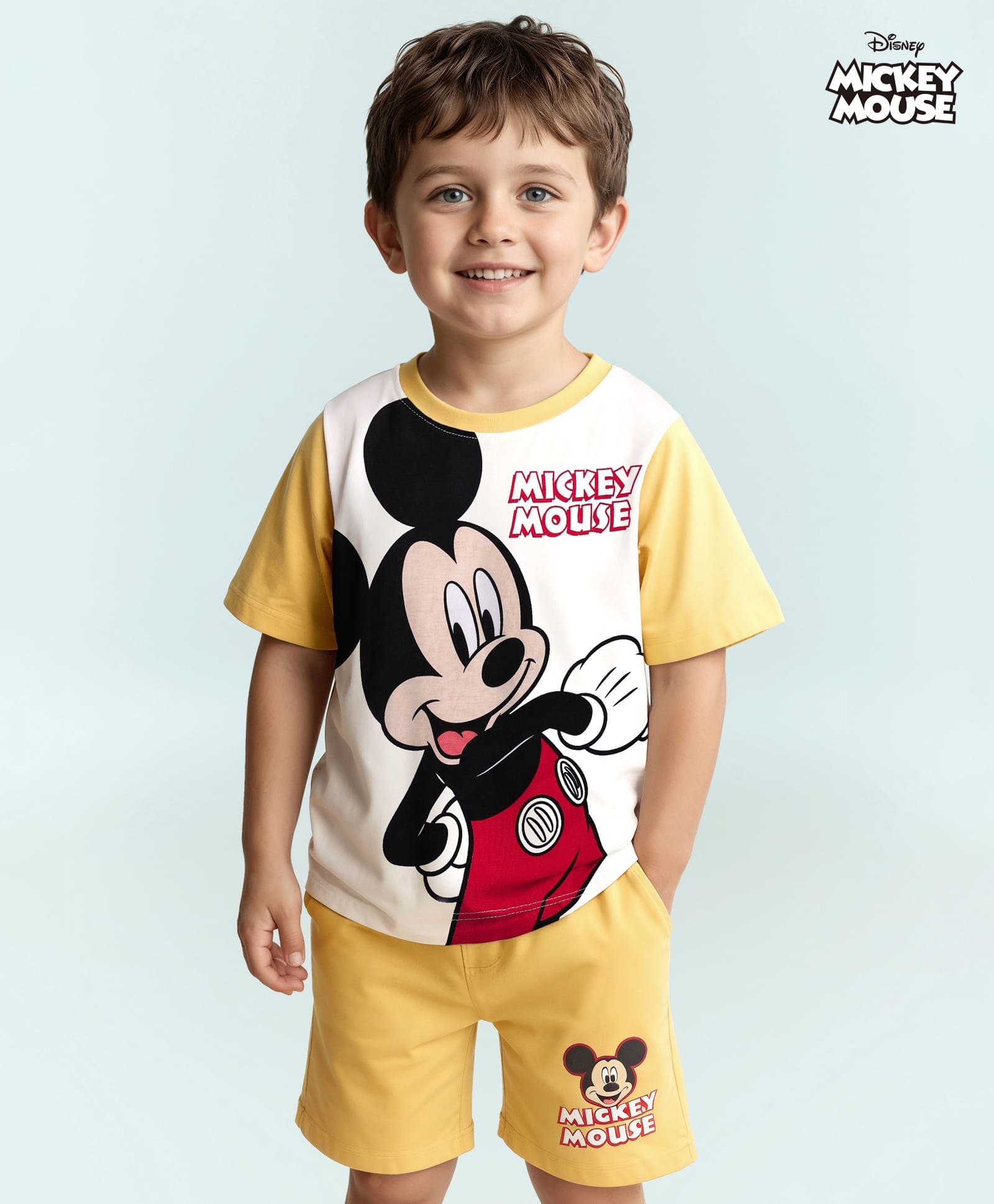 Babyhug Disney Single Jersey Knit Half Sleeves T-Shirt & Short Set With Mickey Mouse Print - Yellow & White-image-46