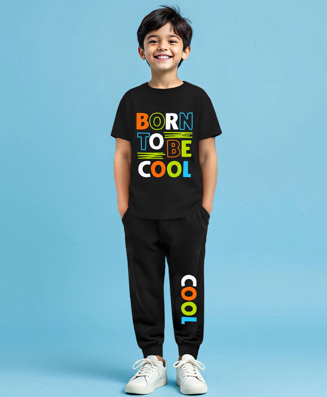 Trampoline Cotton Blend Half Sleeves Born To Be Cool Text Printed Coordinating Tee & Joggers Set - Black-image-39