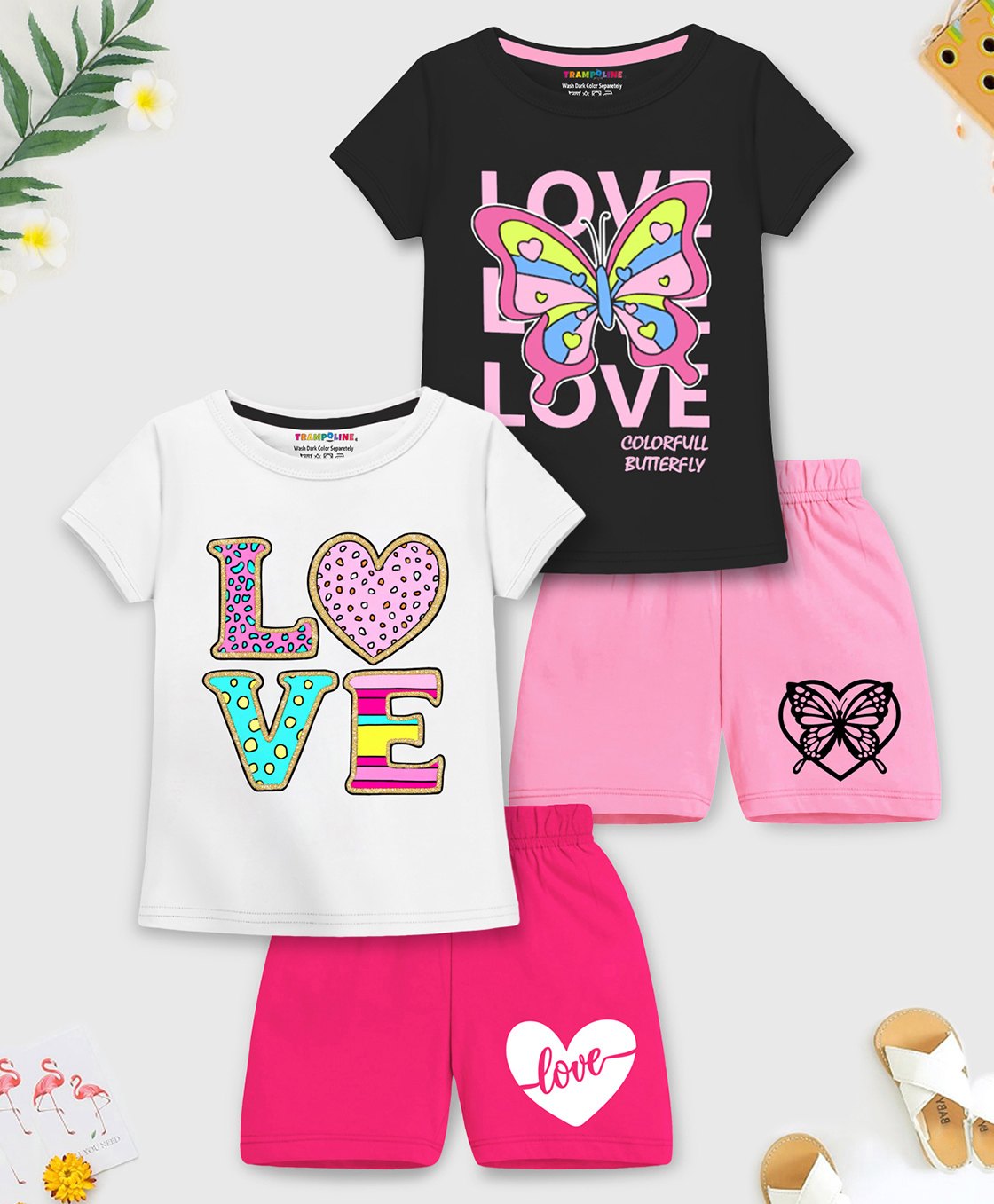 Trampoline Cotton Blend Pack Of 2 Half Sleeves Butterfly & Heart Printed Coordinating Tees & Shorts Set - Multi Colour-image-11