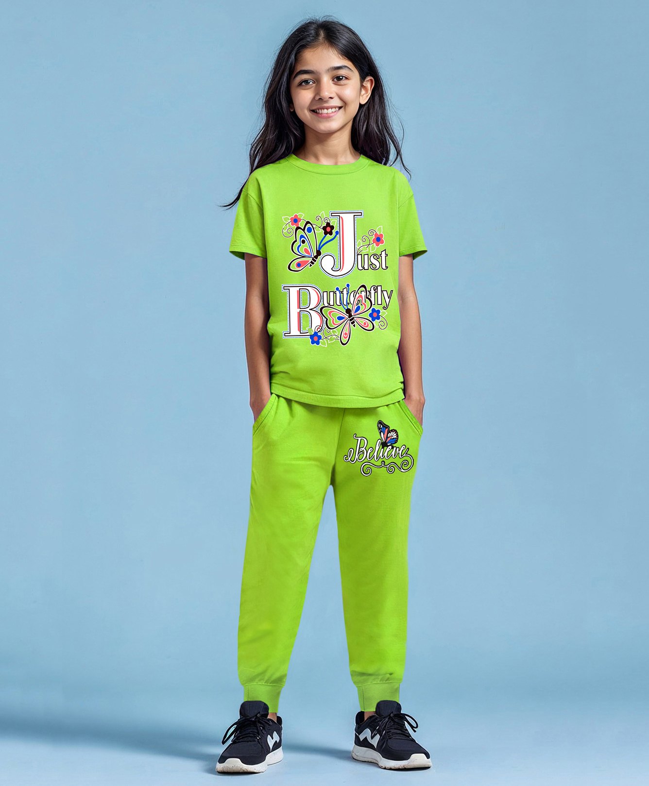 Trampoline Cotton Blend Half Sleeves Butterfly Printed Coordinating Tee & Joggers Set - Green-picture-17