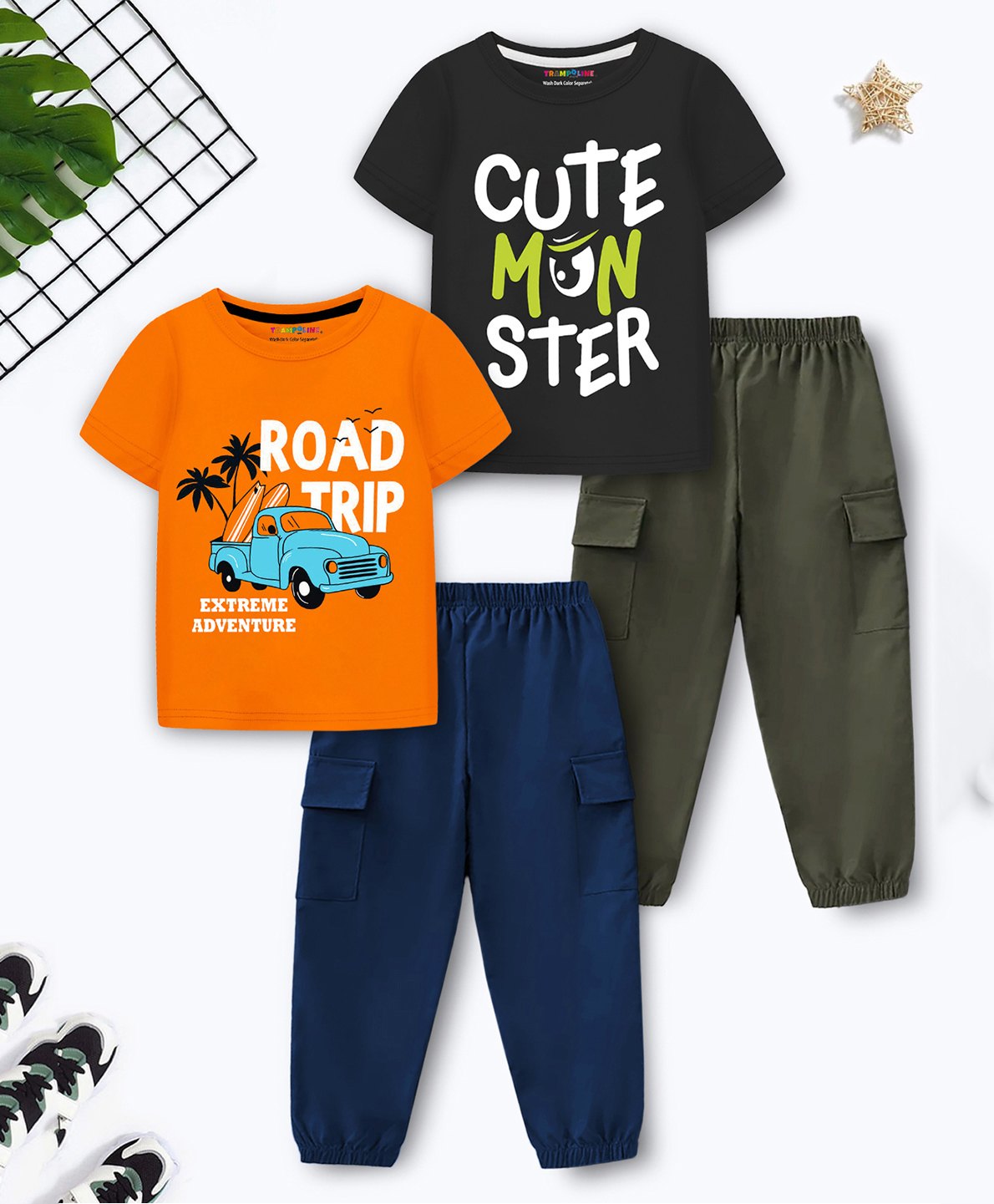 Trampoline Cotton Blend Pack Of 2 Half Sleeves Car & Cute Monster Text Printed Tees & Track Pants Set - Multi Colour-image-12