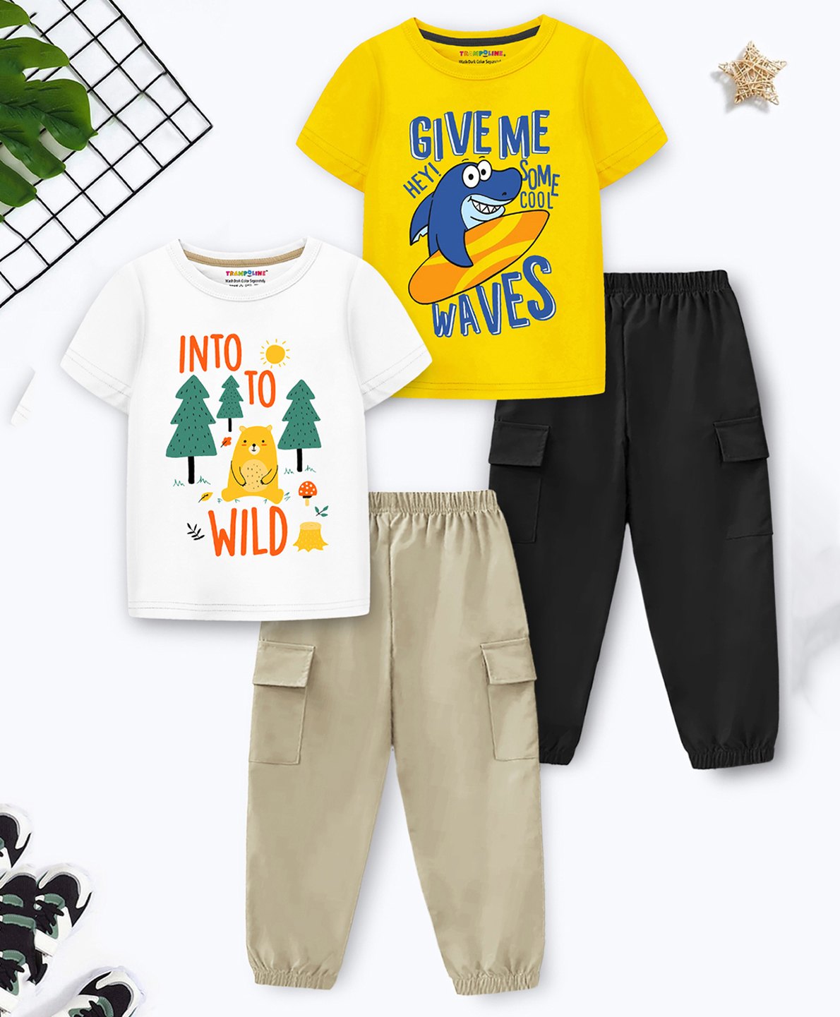 Trampoline Cotton Blend Pack Of 2 Half Sleeves Bear & Shark Printed Tees With Solid Joggers Set - Multi Colour-picture-22