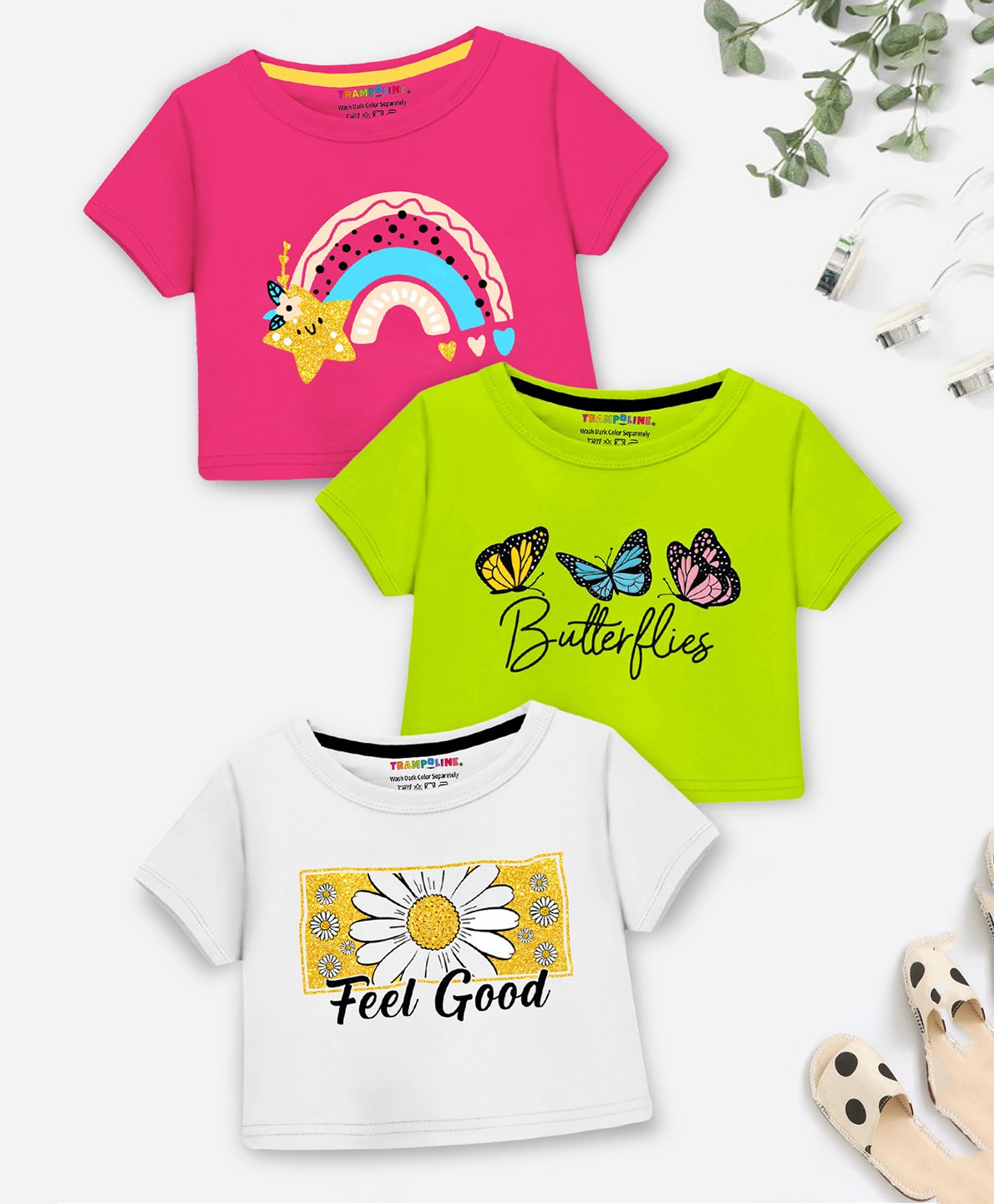 Trampoline Cotton Blend Pack Of 3 Half Sleeves Butterfly & Rainbow Printed Crop Tops - Multi Colour-picture-24