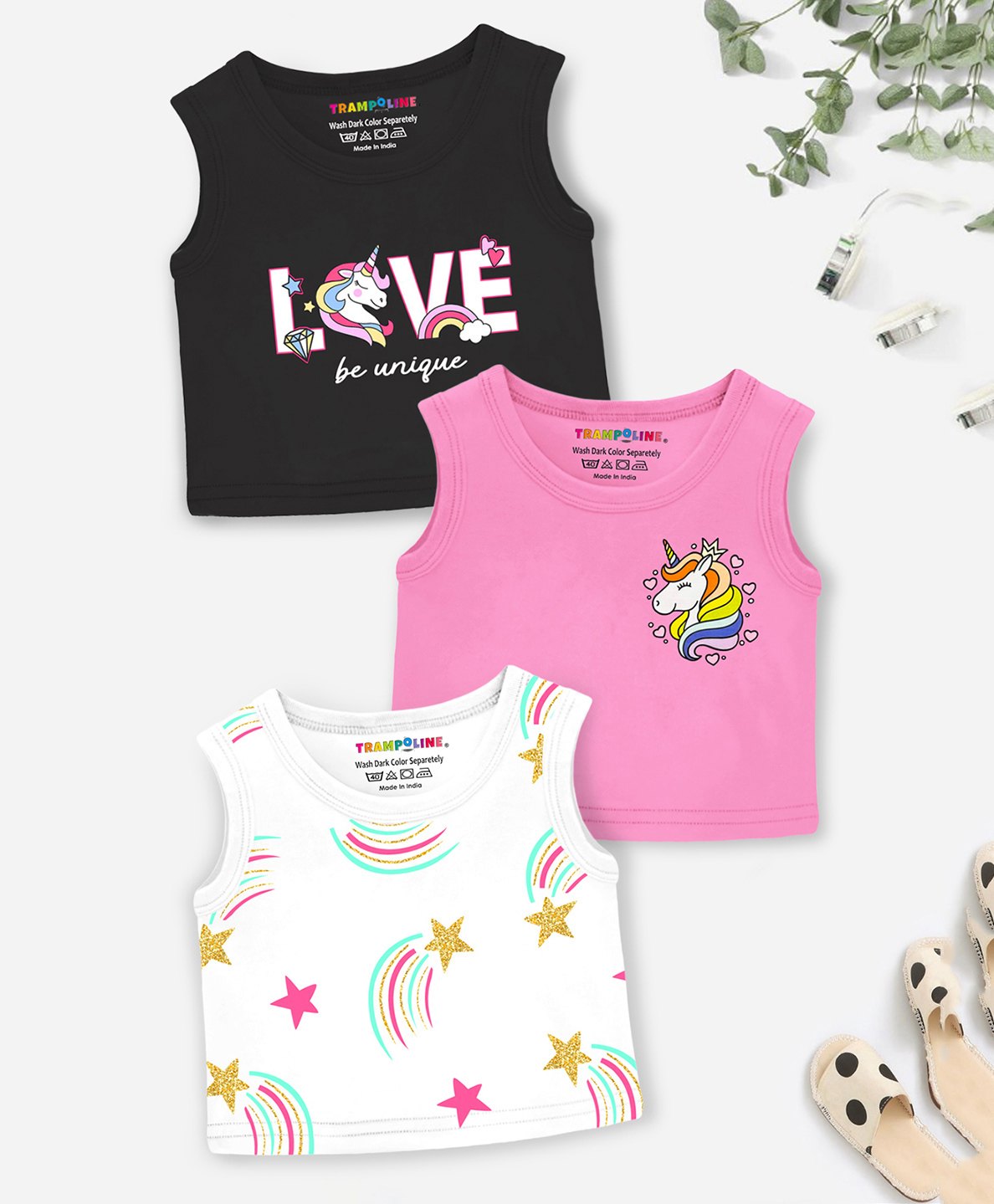 Trampoline Cotton Blend Pack Of 3 Sleeveless Unicorn & Rainbow Printed Crop Tops - Multi Colour-picture-25