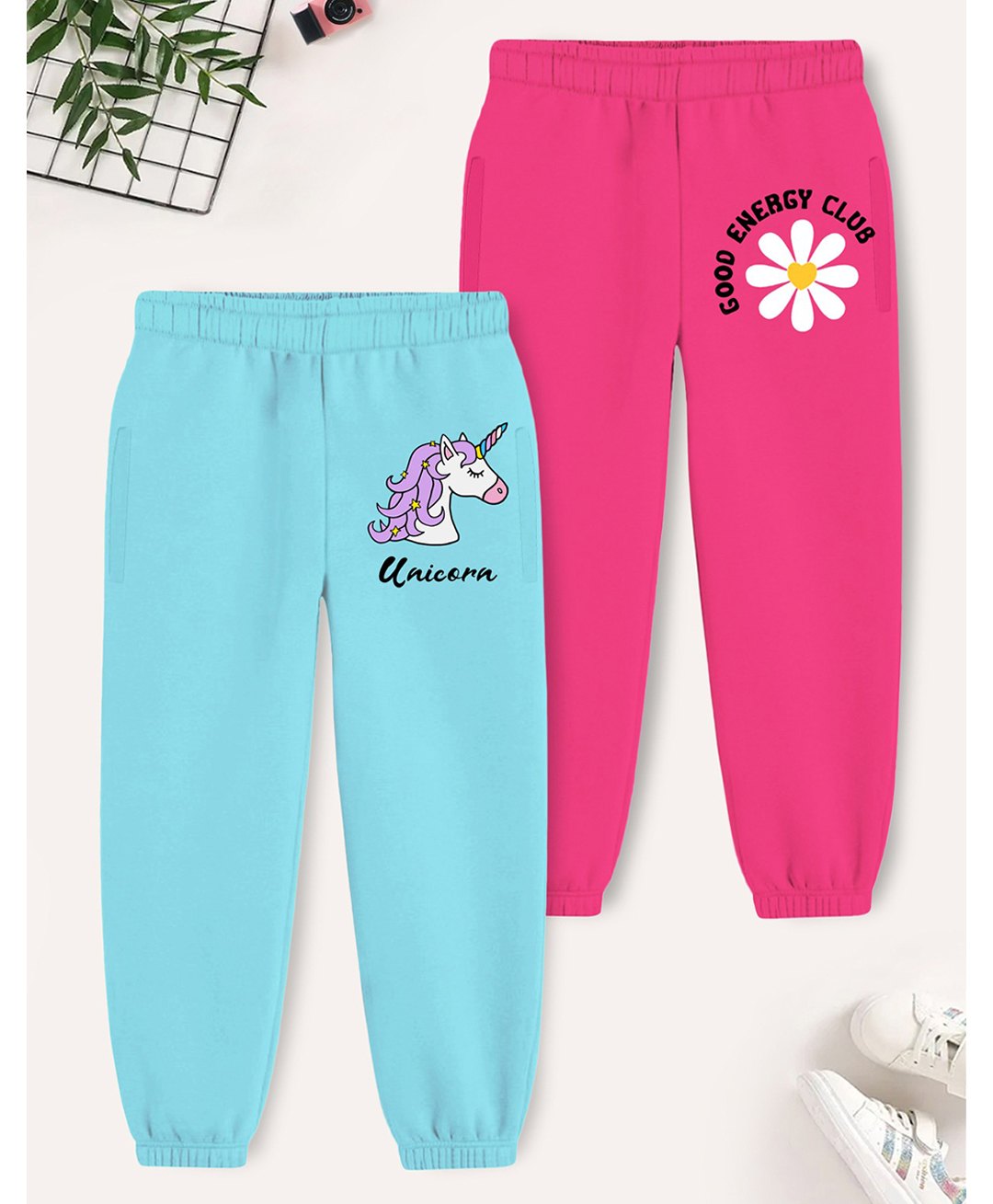 Trampoline Cotton Blend Pack Of 2 Floral & Unicorn Printed Track Pants - Purple & Blue-image-5