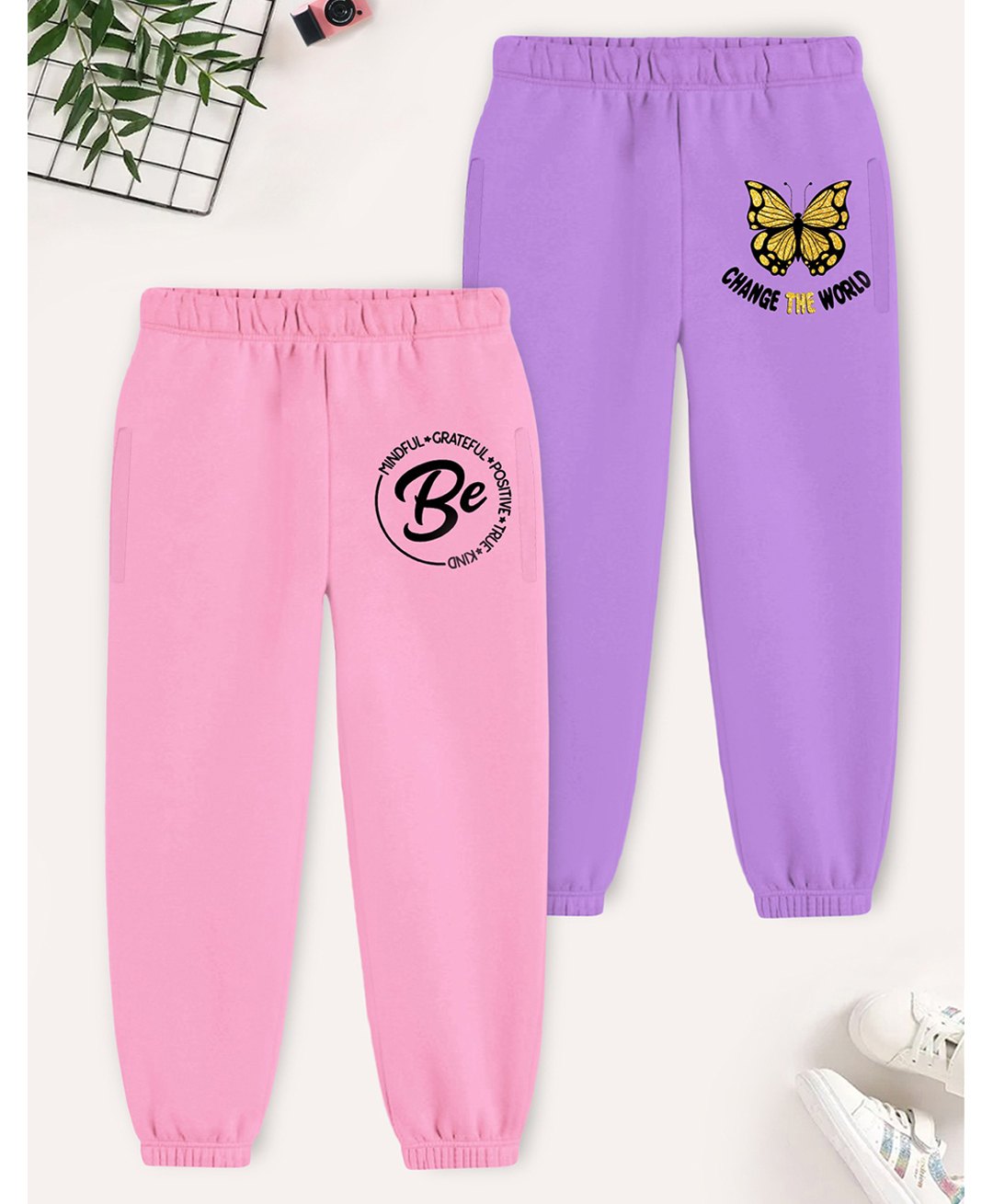 Trampoline Cotton Blend Pack Of 2 Be Text & Butterfly Printed Joggers - Purple & Pink-image-12