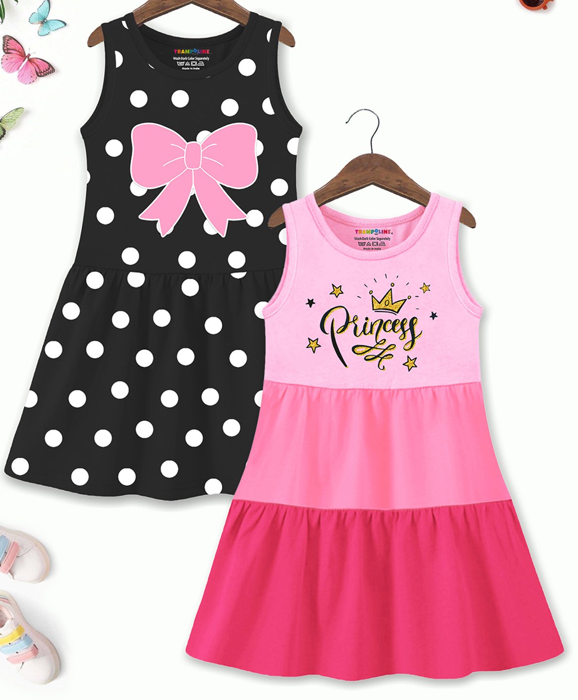 Trampoline Cotton Blend Pack Of 2 Sleeveless Princess Text & Polka Dots Printed Dresses - Multi Colour-image-9