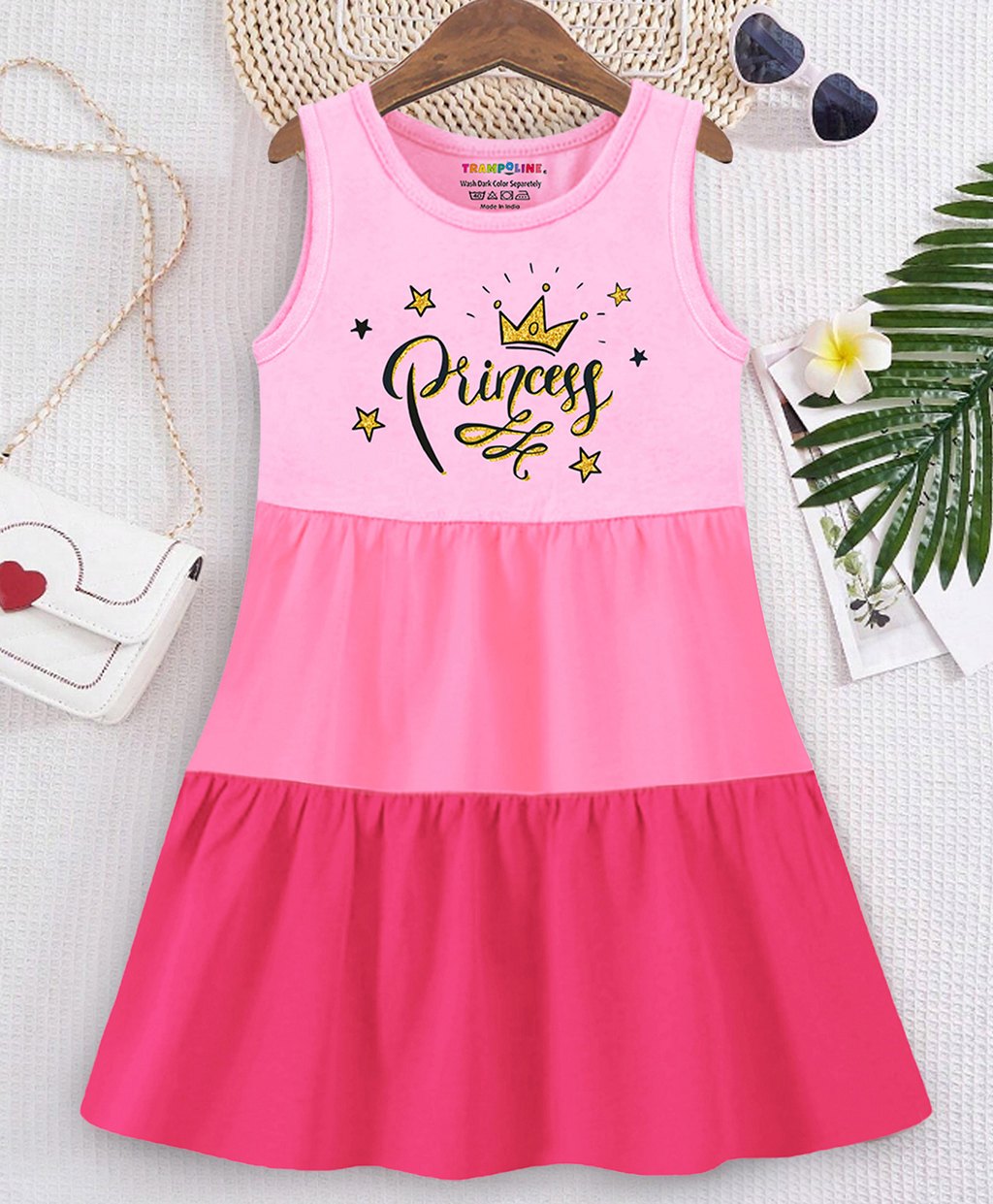 Trampoline Cotton Blend Sleeveless Princess Text Glitter Printed Colour Blocked Tiered Dress - Multi Colour-picture-21