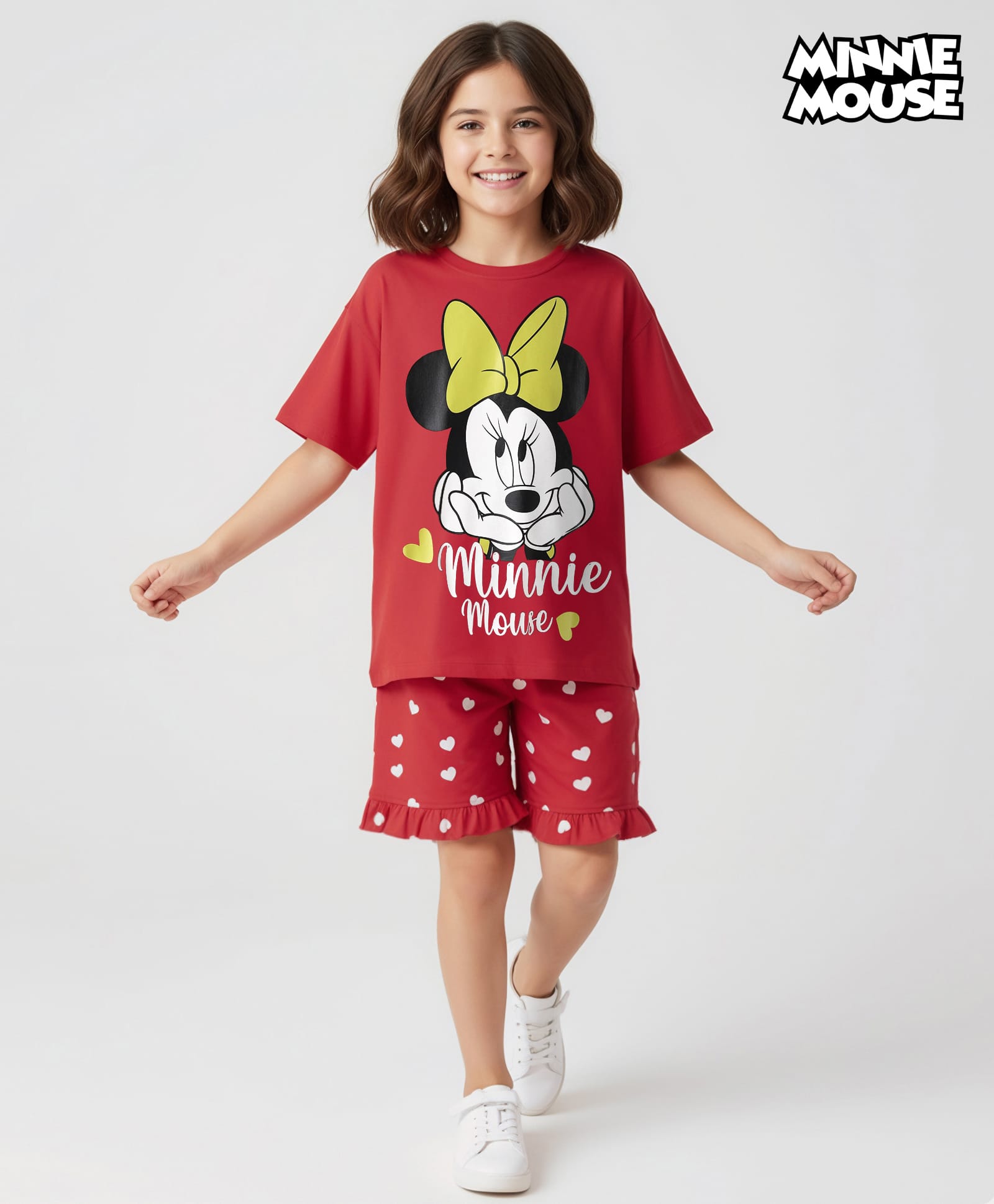Honeyhap Disney Single Jersey Knit Oversize Drop Shoulder Half Sleeves Shorts Night Suit With Minnie Mouse Graphics - Red-image-23