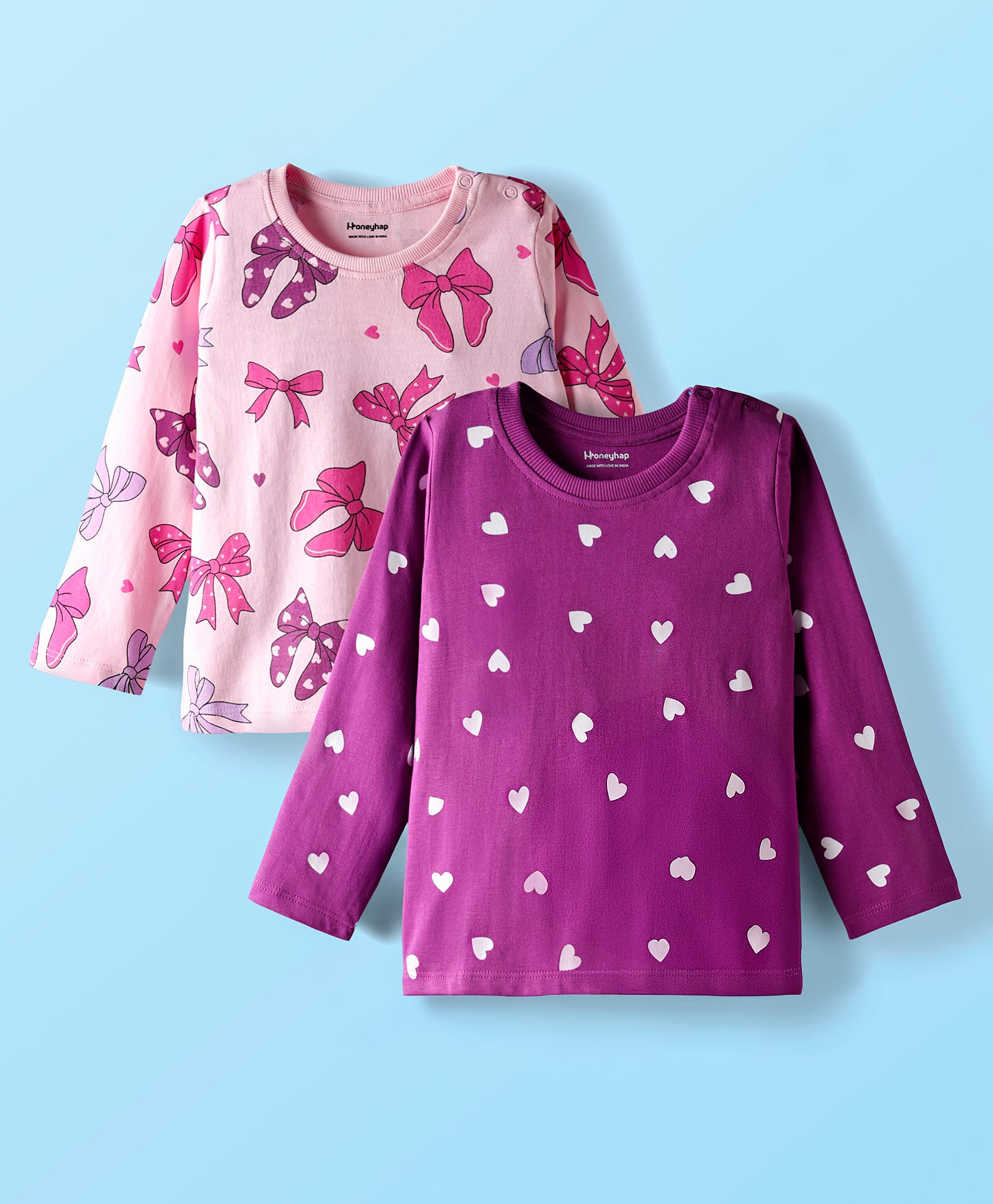 Honeyhap 100% Premium Cotton Knit Bio Finish Full Sleeves T-Shirt with Heart & Bow Print Pack of 2 - Pink & Purple-image-10