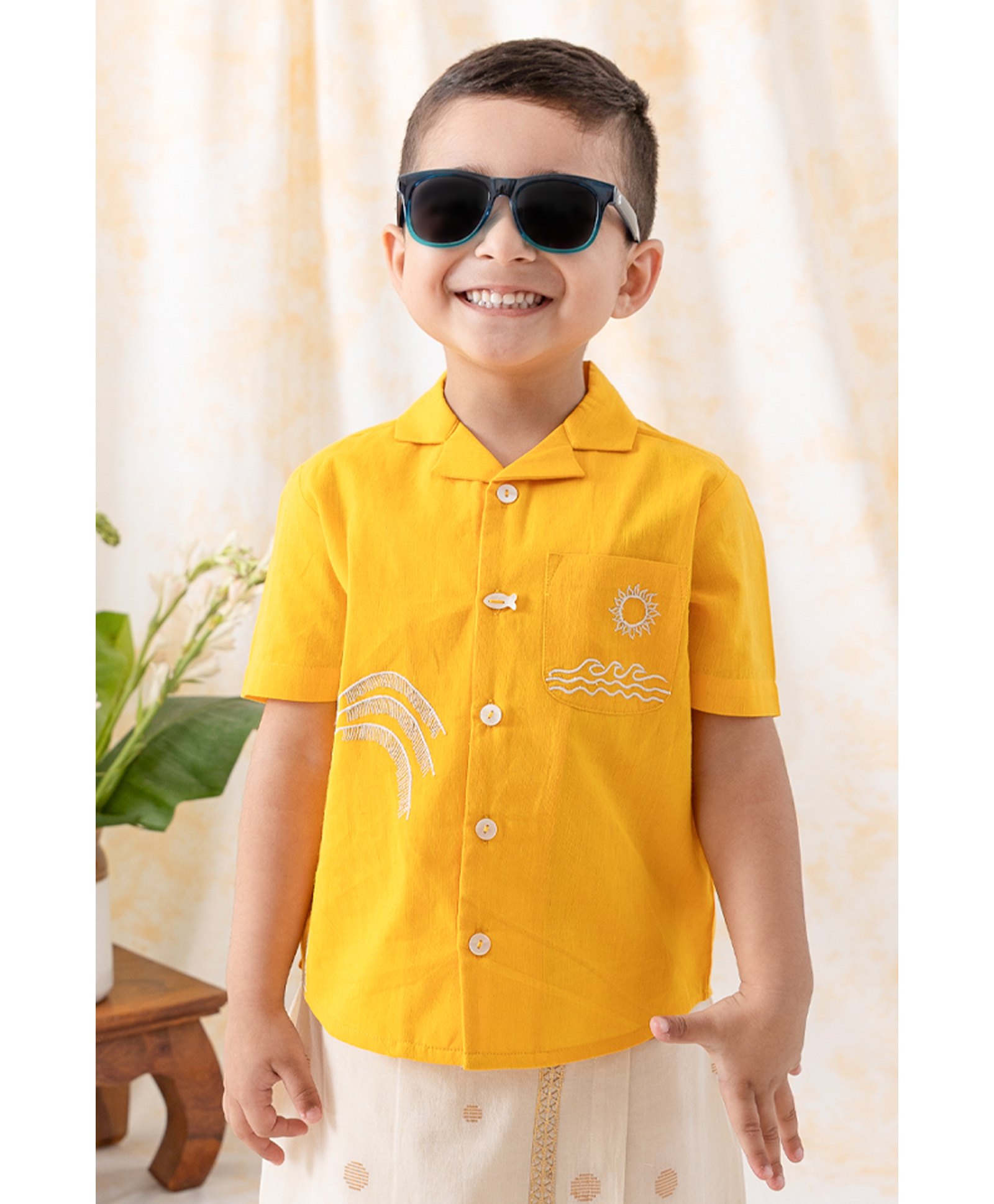 Tiber Taber 100% Cotton Half Sleeves Beach Theme Embroidered Shirt - Yellow-picture-40