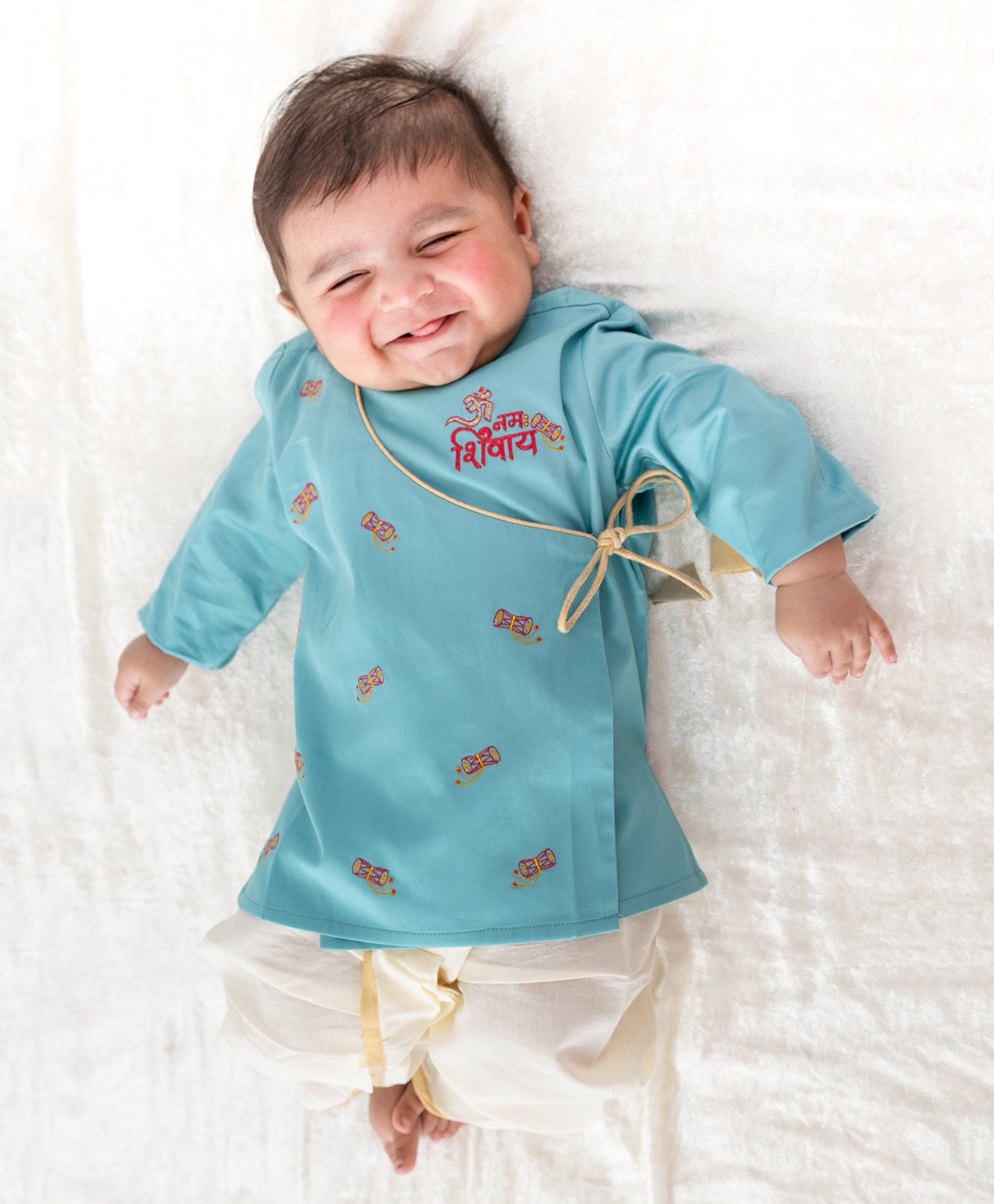 Tiber Taber 100% Cotton Full Sleeves Om Namah Shivay Text & Damru Embroidered Dhoti Kurta Set - Blue-picture-31