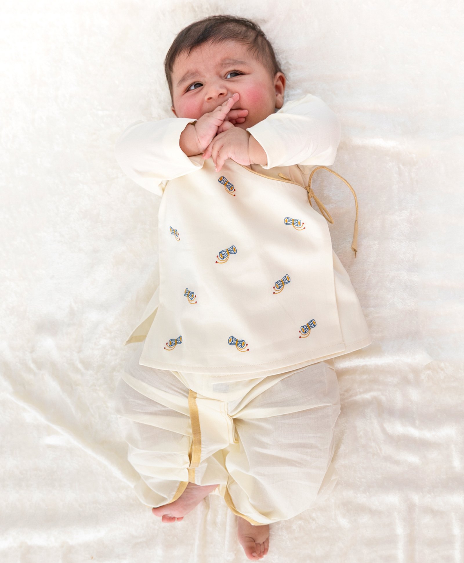 Tiber Taber 100% Cotton Full Sleeves Damru Embroidered Dhoti Kurta Set - Cream-picture-47