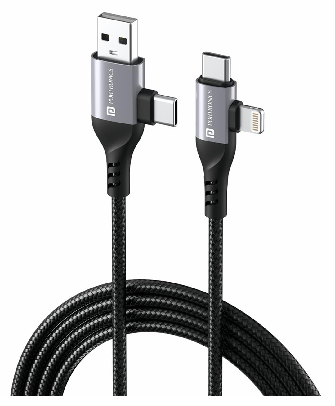 Portronics Konnect 4 IN 1 Unbreakable Nylon Braided Multi Functional Fast Charging Cable with Fast Data Transfer,Compatible with All Type C Android Smartphone & Lighting Device etc.(Black)-image-3