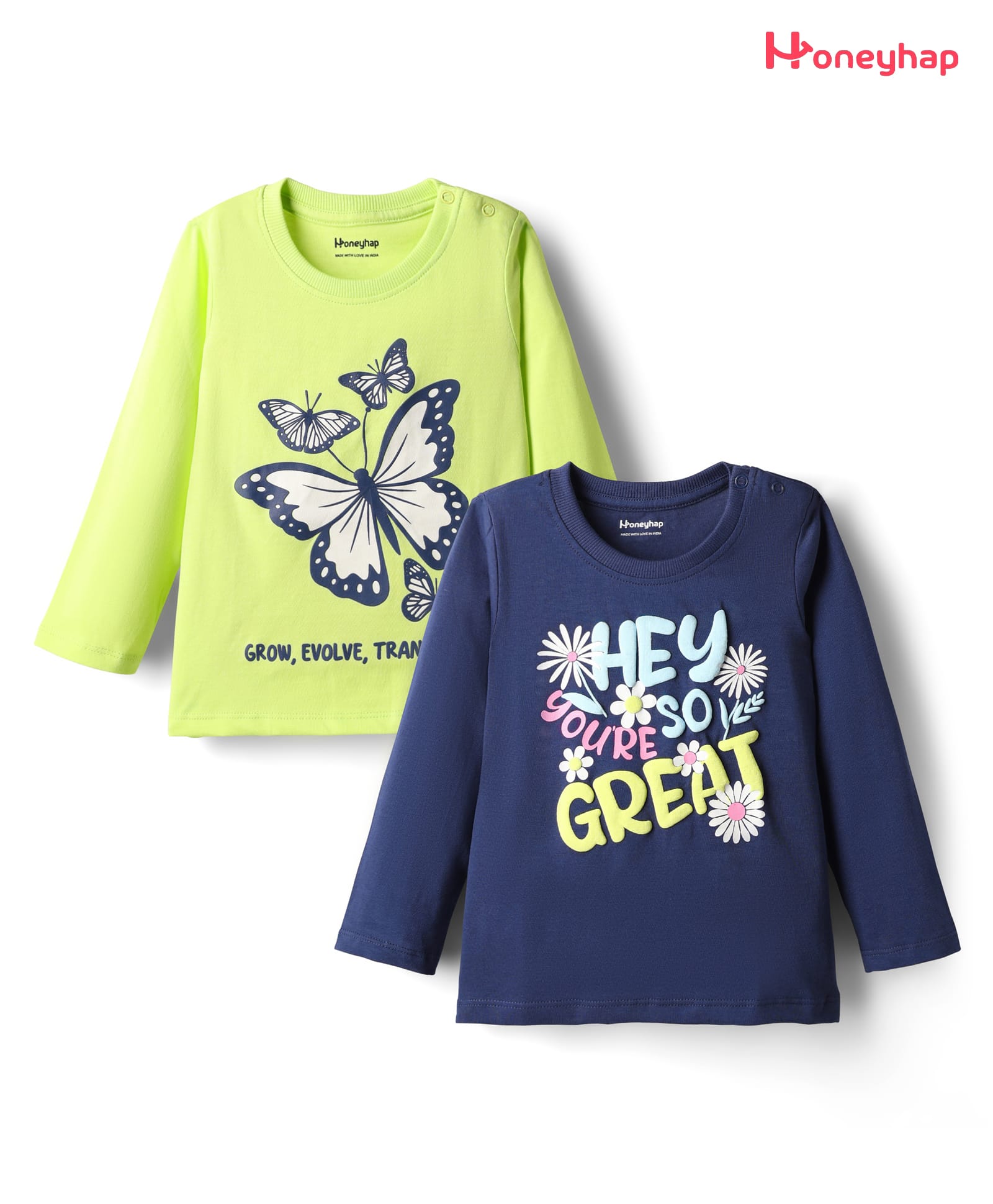Honeyhap 100% Premium Cotton Knit With Bio Finish Tops with Butterfly & Hey Hope You Are So Great Text Print Pack of 2 - Sunny Lime & Navy Peony-picture-35