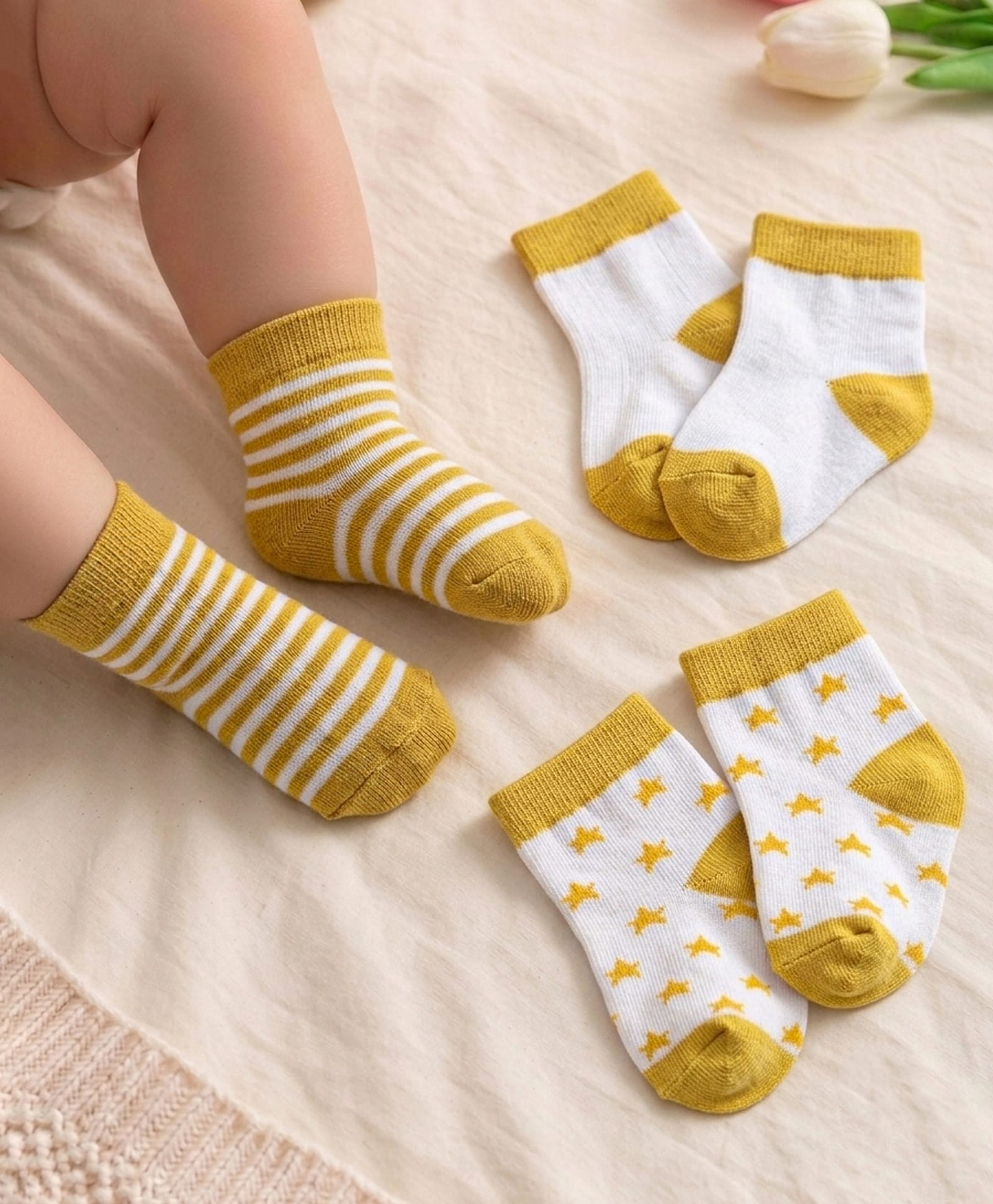 Cute Walk by Babyhug Knit Ankle Length Antibacterial Socks With Stripes & Star Design Pack Of 3 - Mustard & White-image-27