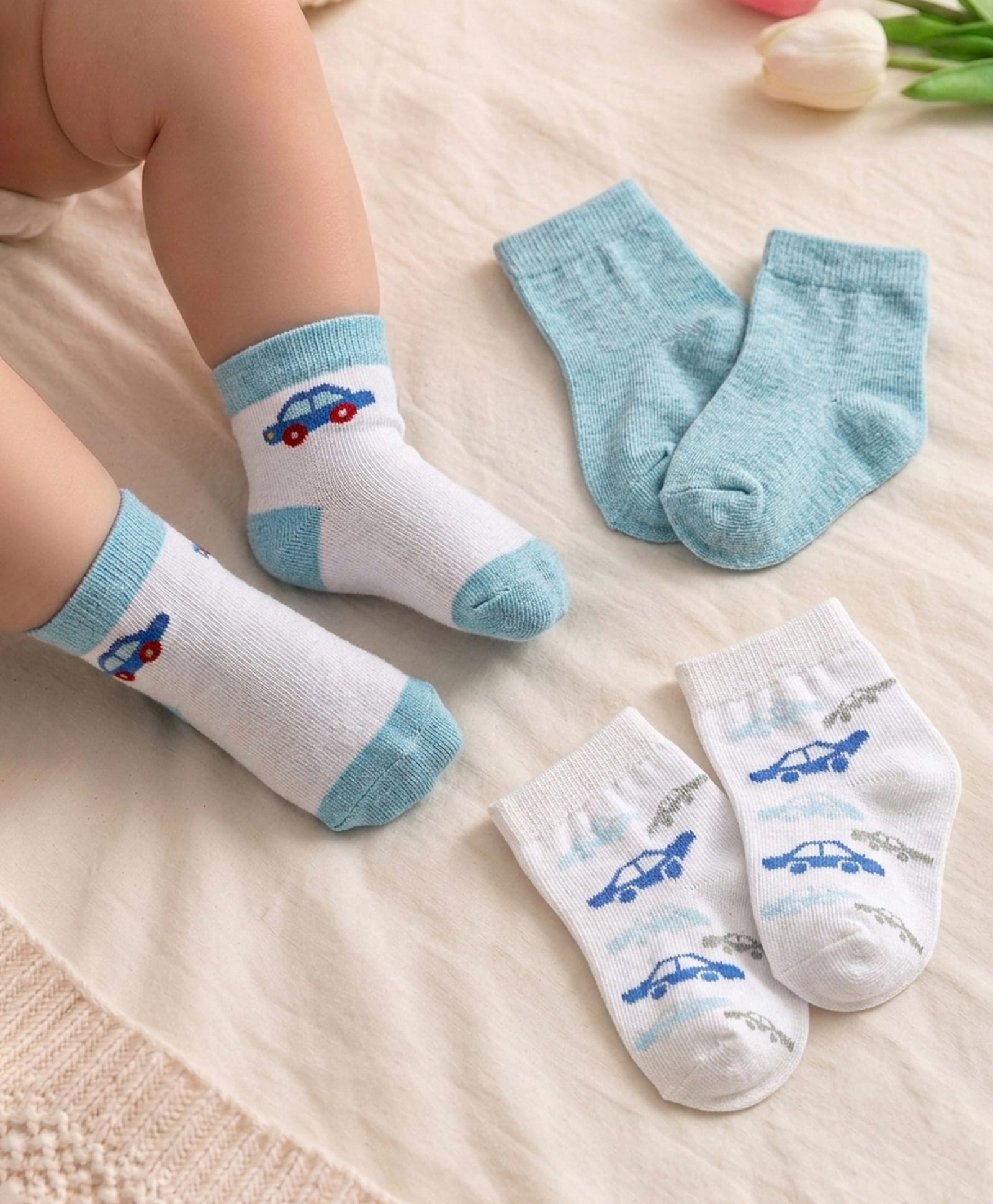 Cute Walk by Babyhug Knit Ankle Length Antibacterial Socks With Vehicle Design Pack Of 3 - Light Blue & White-picture-26