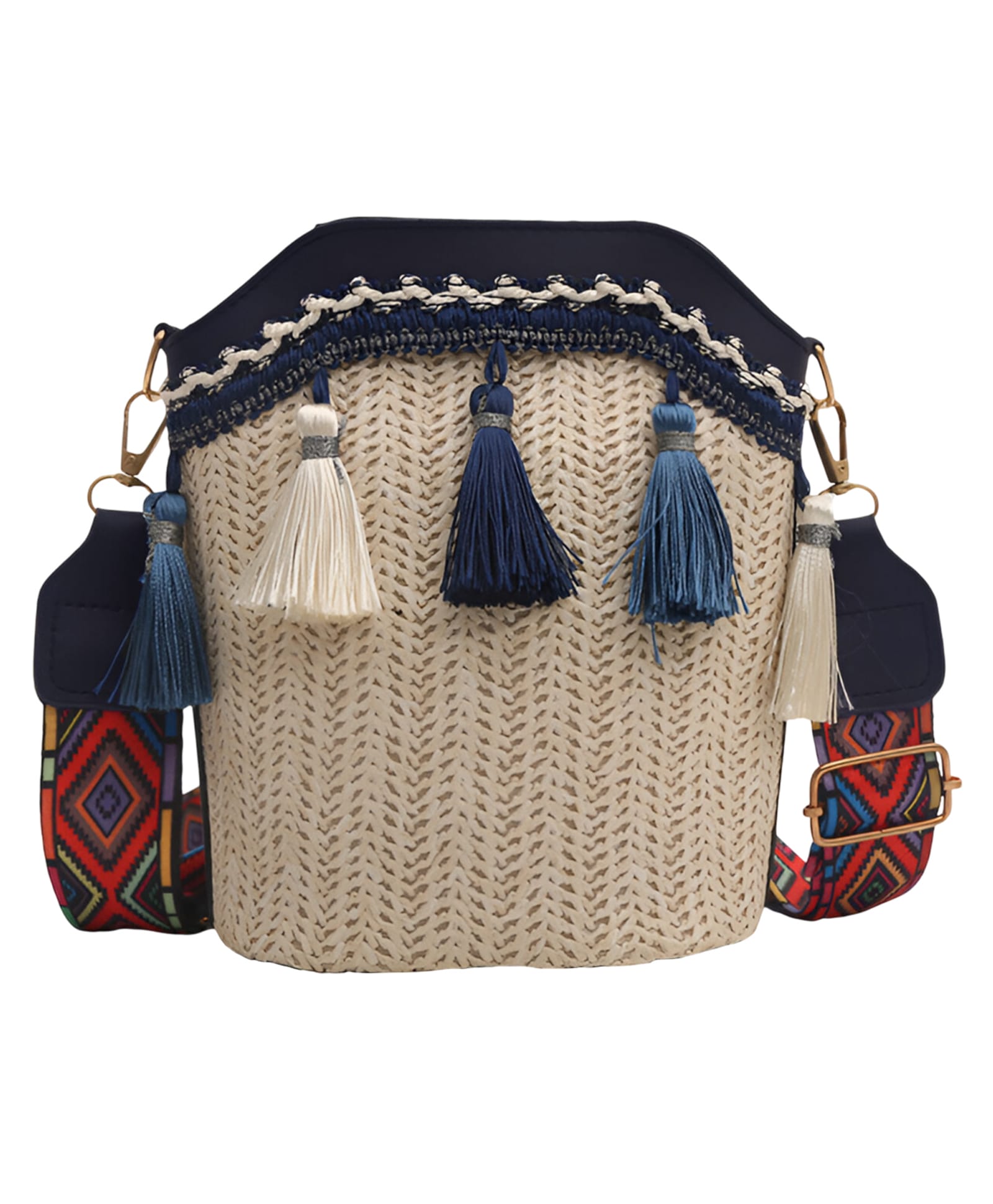 SYGA Women's Pu Material With Bucket Type, Sling Bag (Dark Blue Straw-Style)-picture-26