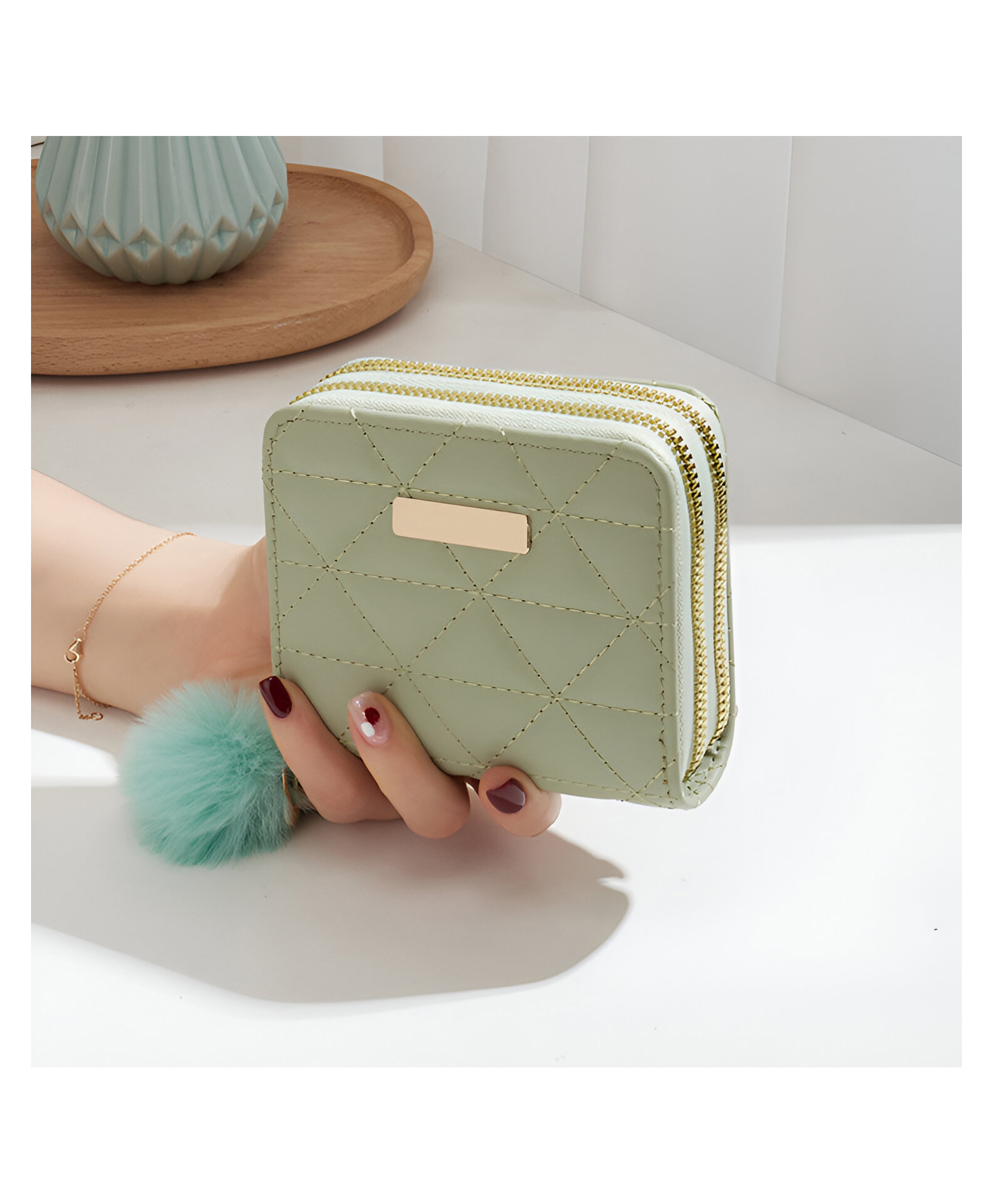 SYGA Women's Wallet Stylish Diamond Embellished Horizontal Square with Zipper Closure(Green)-image-7
