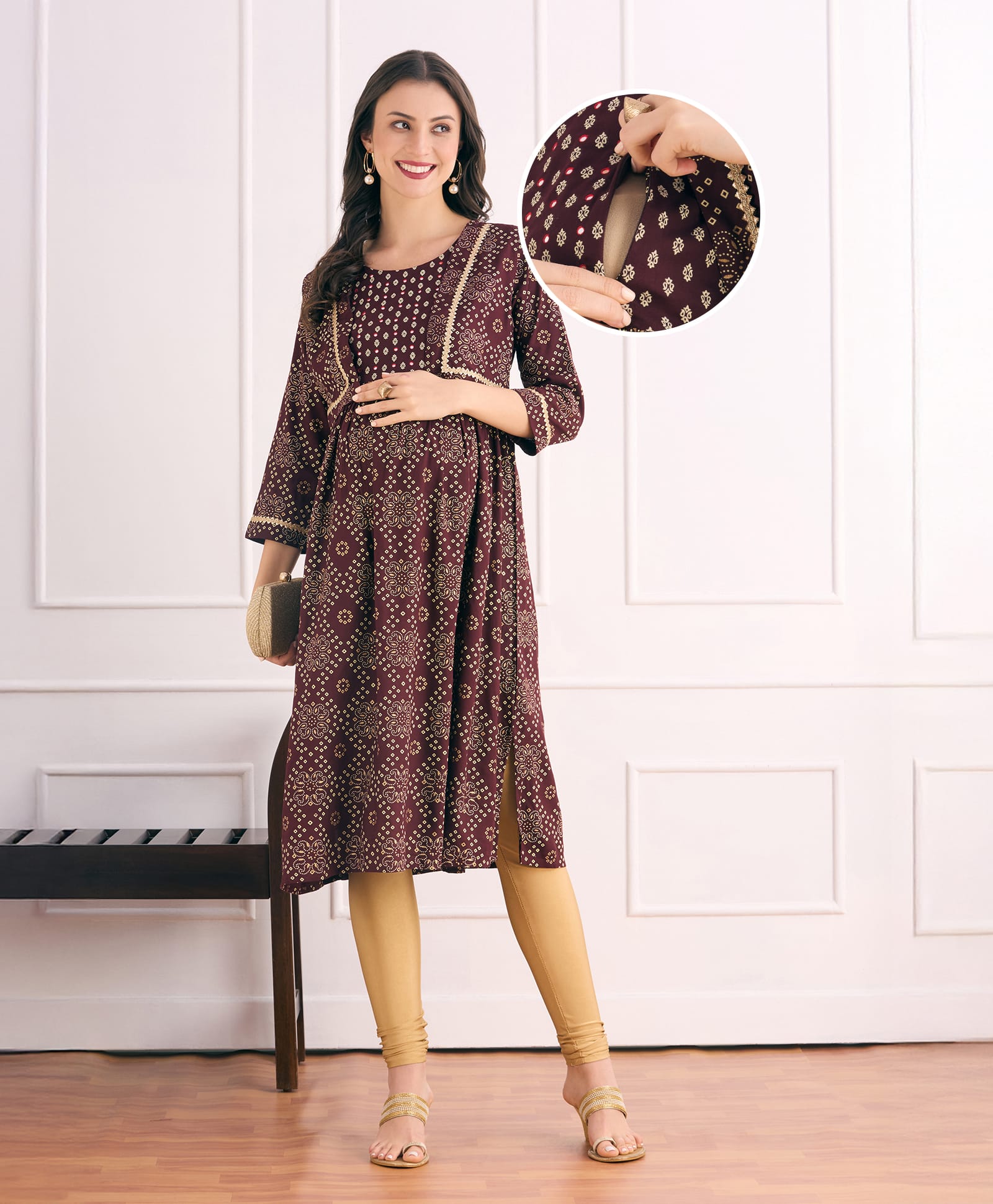 Bella Mama Woven Three Fourth Sleeves With Contrast Yoke Maternity Kurta with Floral Print - Wine