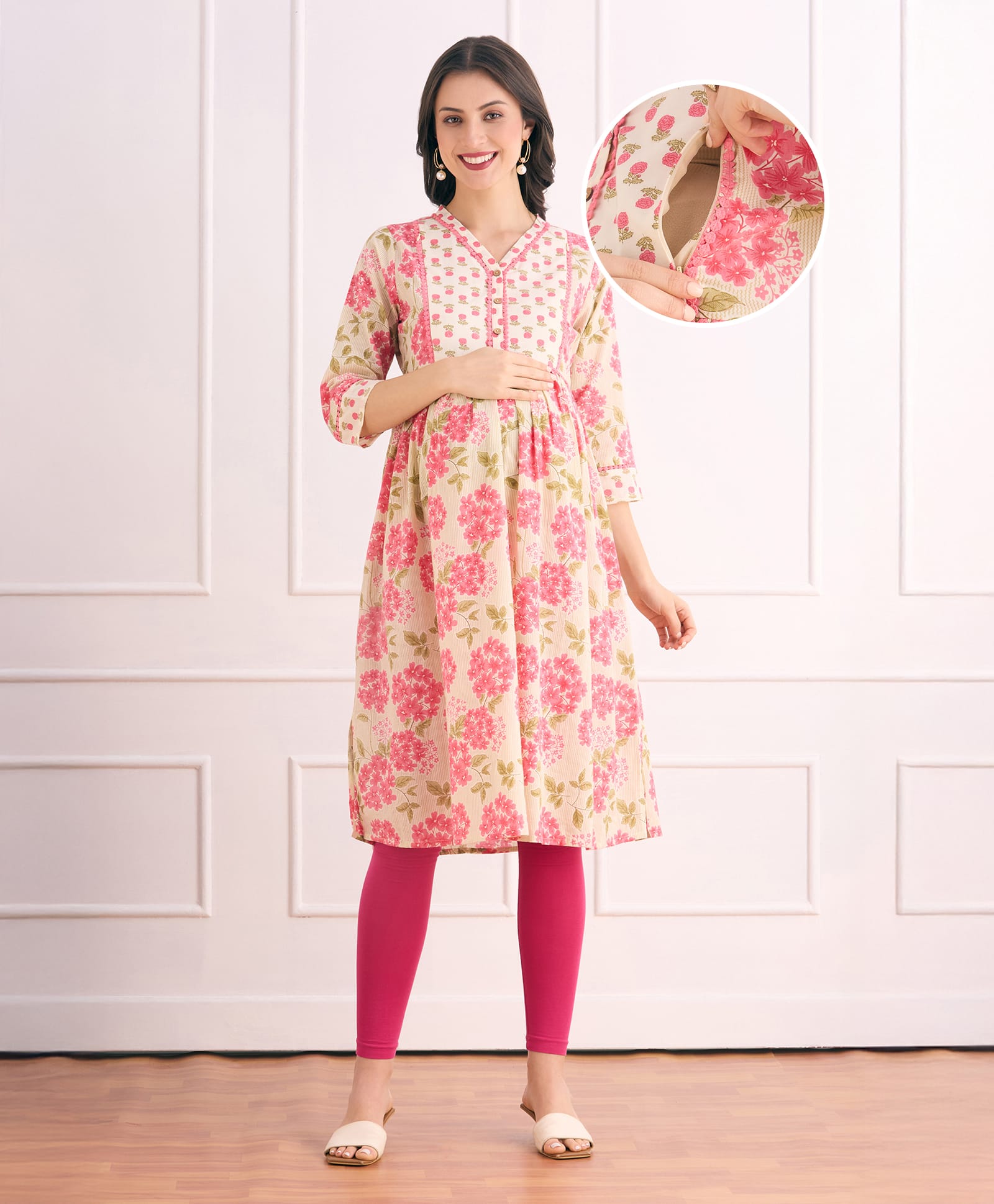 Bella Mama Viscose Woven Three Fourth Sleeves Maternity Kurta with Floral Print & Lace Detailing - Pink