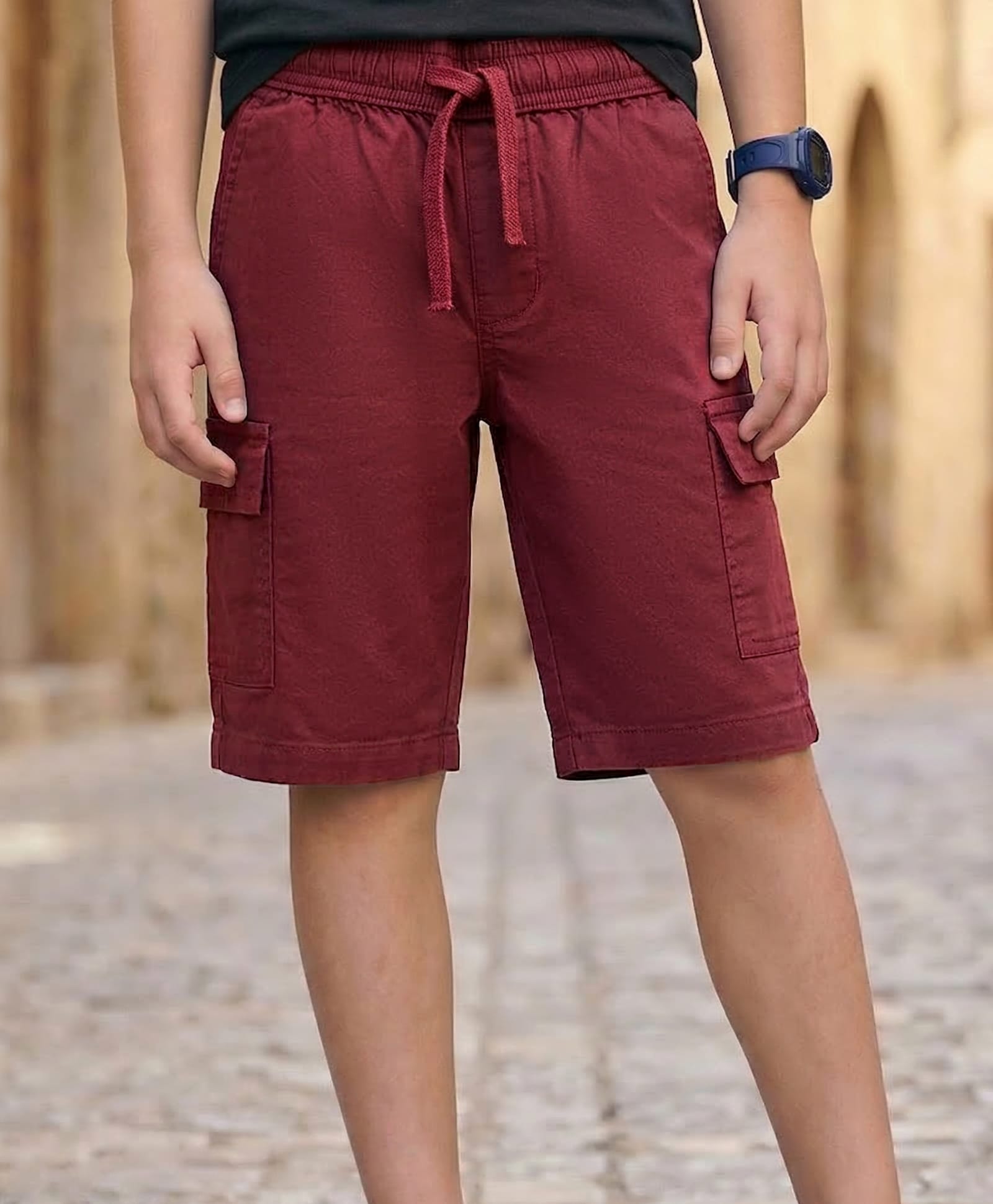 Pine Kids Cotton Elastane Woven Above Knee Length Solid Color Shorts - Red-picture-17