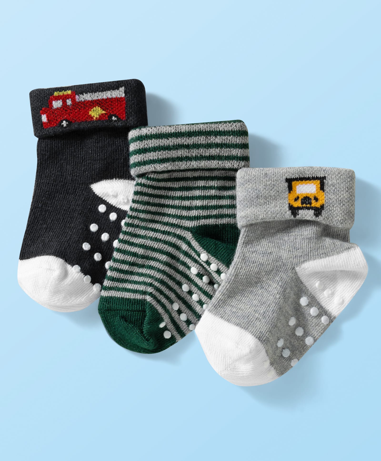 Cute Walk by Babyhug Knit Ankle Length Anti Bacterial Anti Skid Socks with Stripes & Vehicle Design Pack of 3 - Grey Dark Green & Black-image-34