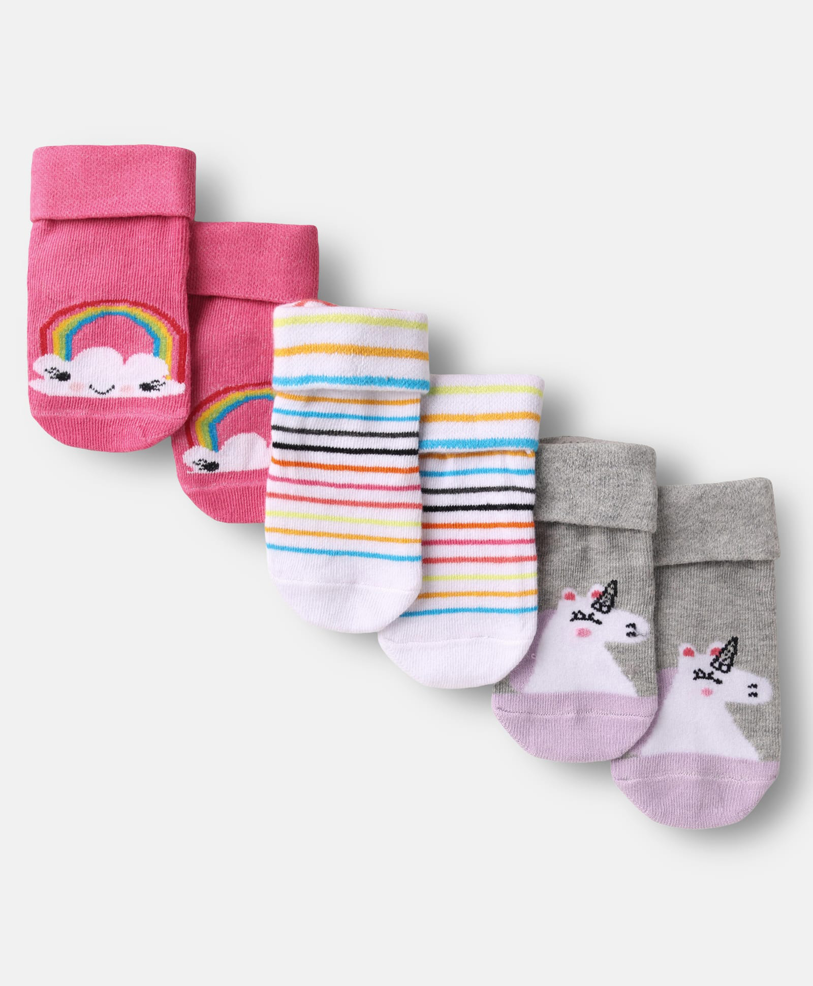 Cute Walk by Babyhug Ankle Length Anti Bacterial Anti Skid Striped Socks with Rainbow & Unicorn Design Pack of 3 - Pink Grey & White-picture-11