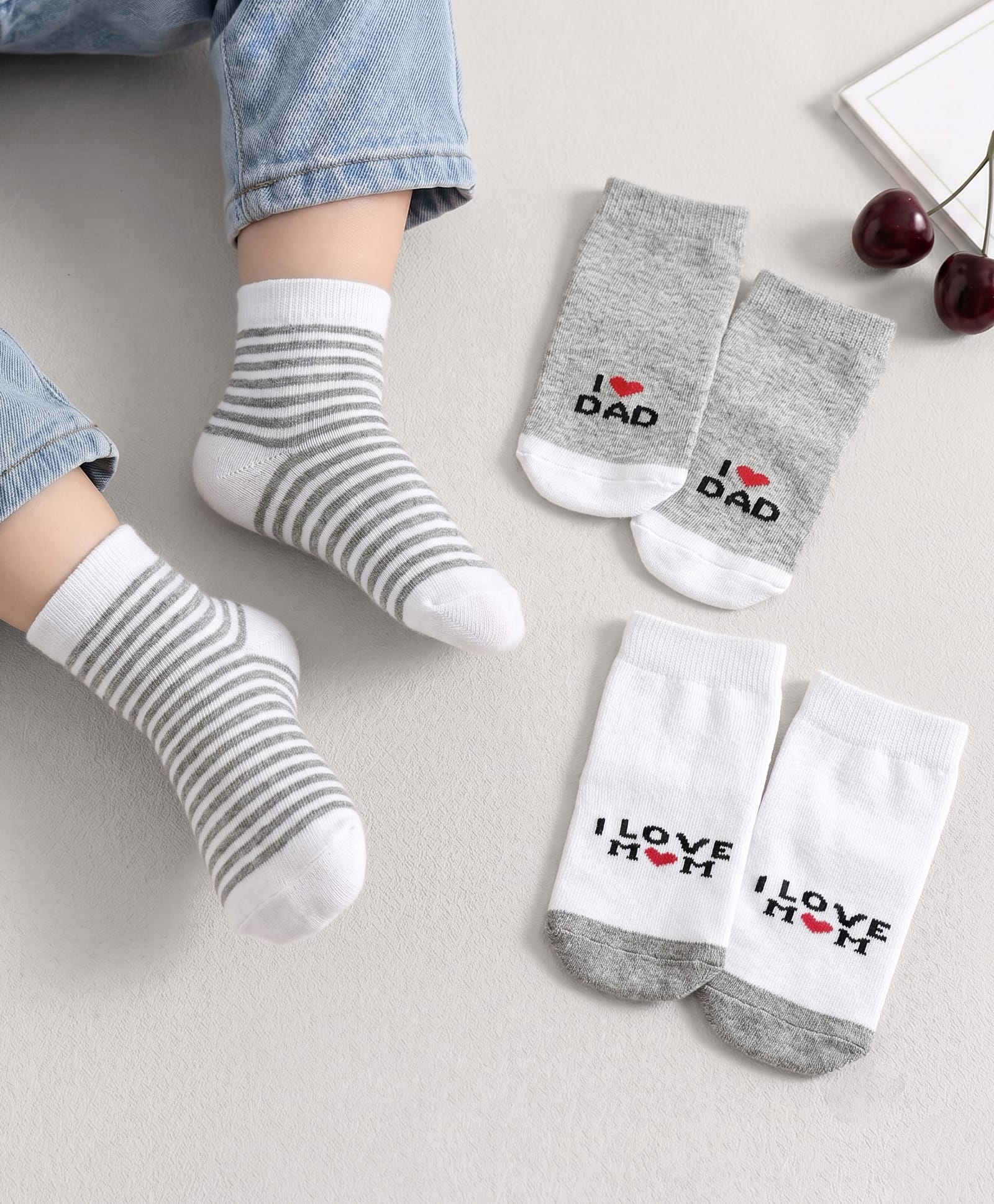 Cute Walk By Babyhug Knit Ankle Length Antibacterial Socks with Stripes & I Love Mom & Dad Text Print Pack of 3 - Grey & White-picture-18