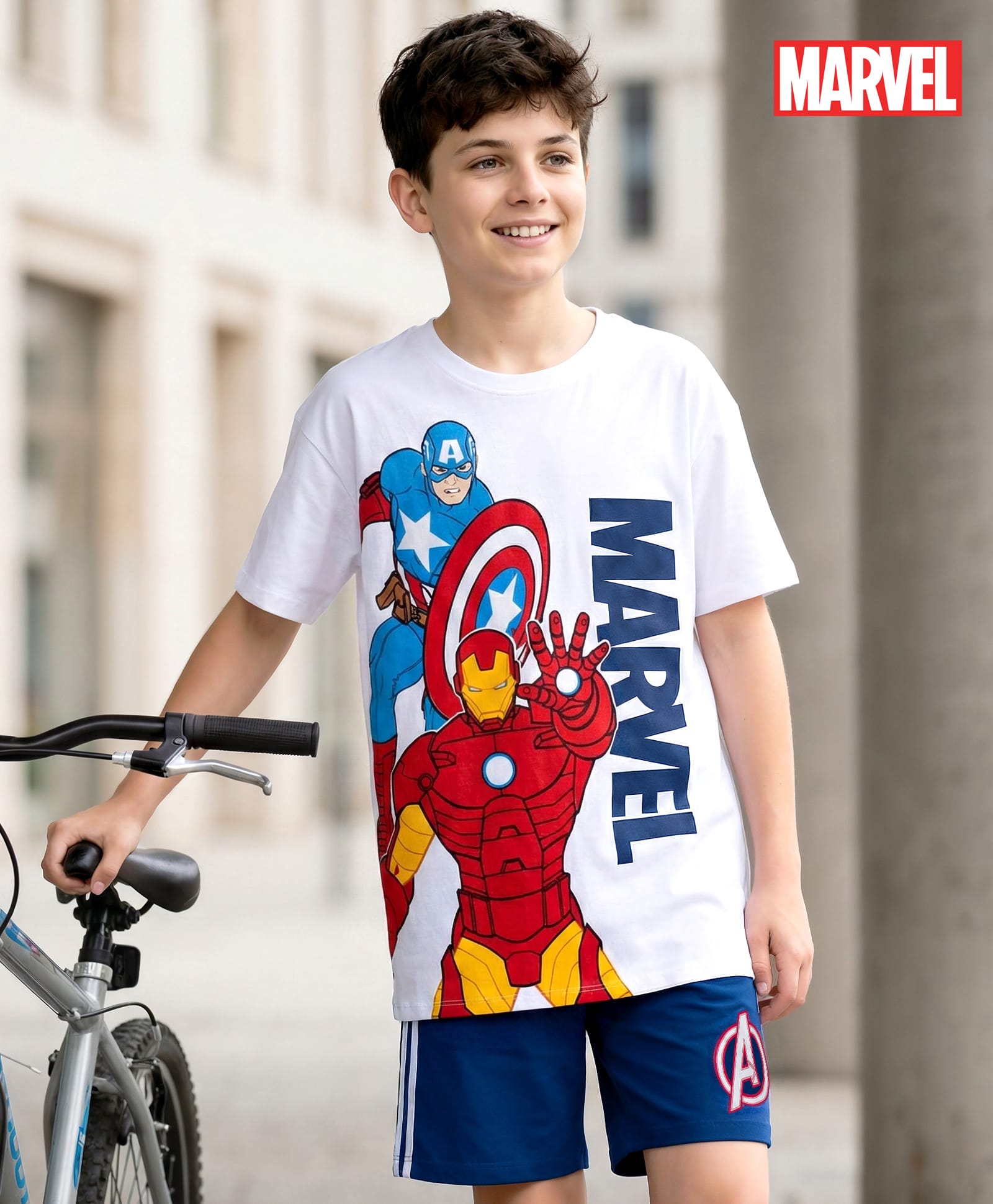 Honeyhap Marvel Single Jersey Knit Drop Shoulder Half Sleeves Oversized T-Shirt & Shorts Set With Avengers Graphics - White-image-12
